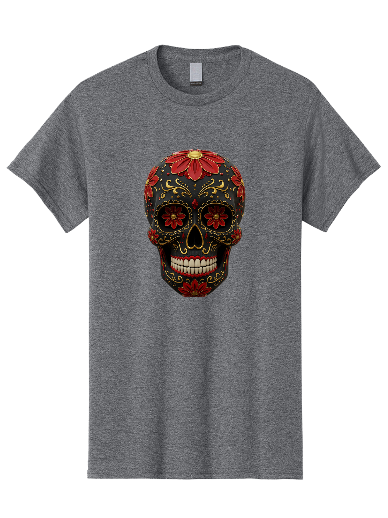 Sugar-Skull-14 Men'S Graphic Tee, 100% Cotton, Comfortable Casual Summer Wear, Machine Washable, Sugar Skull, Day Of The Dead, Floral Designs, Skull Art, Mexican Culture, Gold Filigree, Red Flowers, Black Skull, Decorative Skull, Bad763