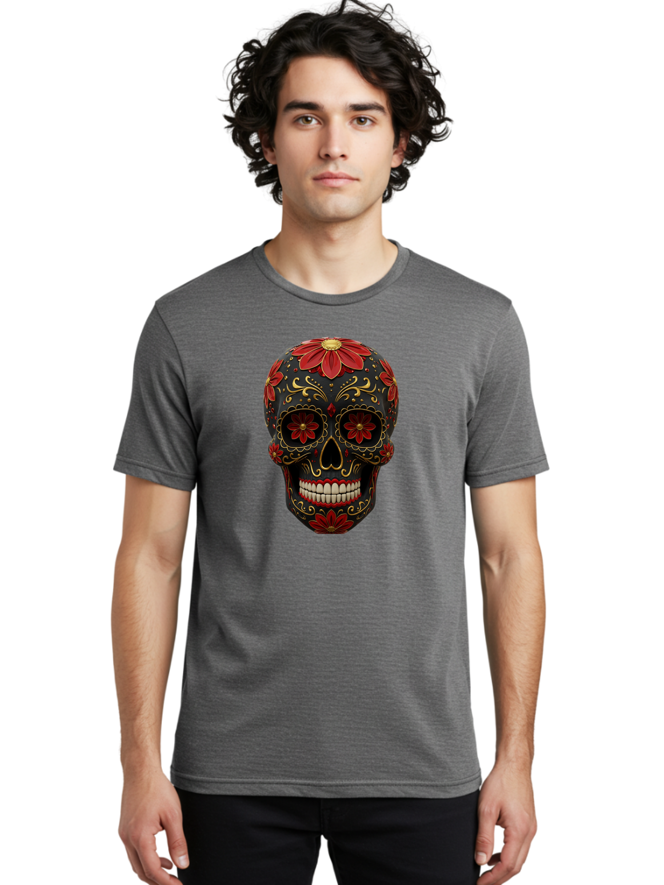 Sugar-Skull-14 Men'S Graphic Tee, 100% Cotton, Comfortable Casual Summer Wear, Machine Washable, Sugar Skull, Day Of The Dead, Floral Designs, Skull Art, Mexican Culture, Gold Filigree, Red Flowers, Black Skull, Decorative Skull, Bad763