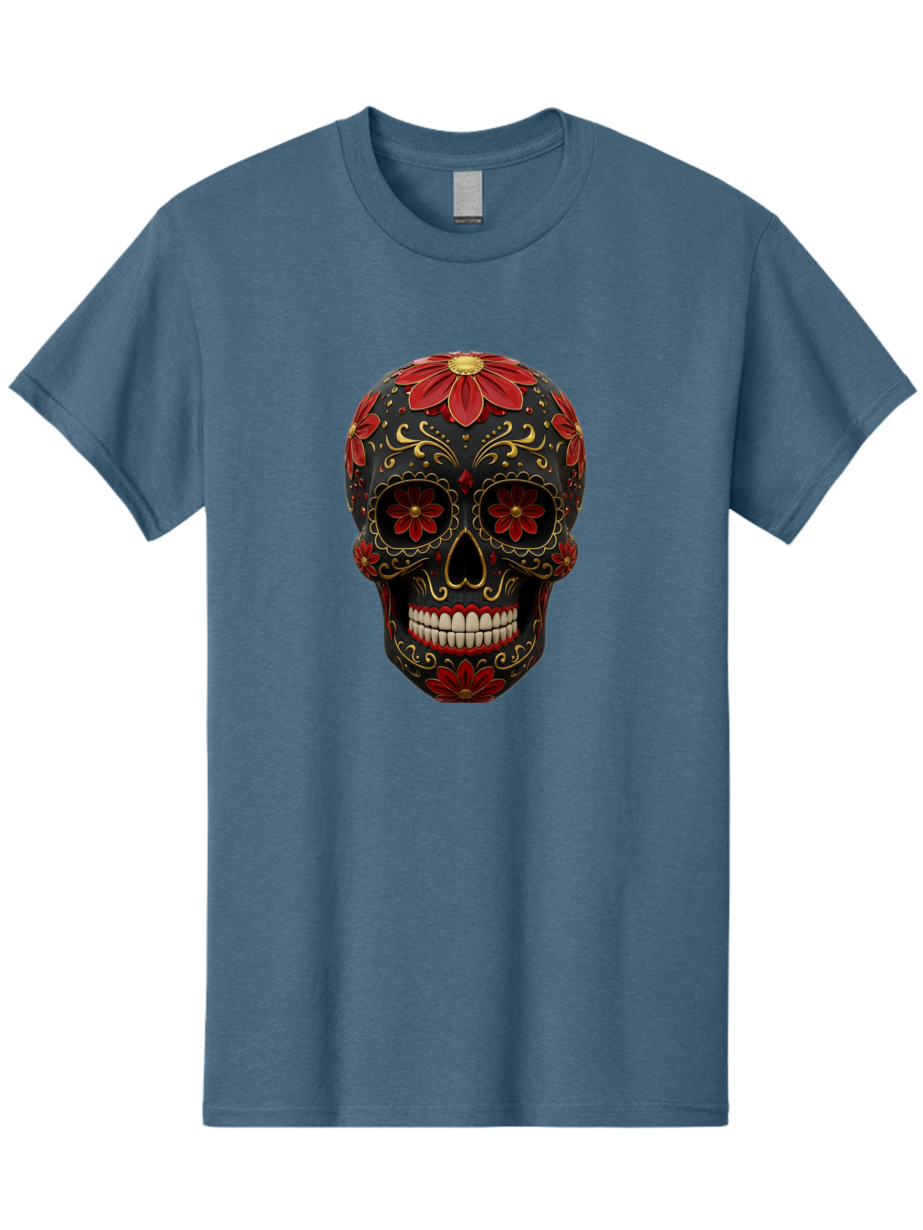 Sugar-Skull-14 Men'S Graphic Tee, 100% Cotton, Comfortable Casual Summer Wear, Machine Washable, Sugar Skull, Day Of The Dead, Floral Designs, Skull Art, Mexican Culture, Gold Filigree, Red Flowers, Black Skull, Decorative Skull, Bad763
