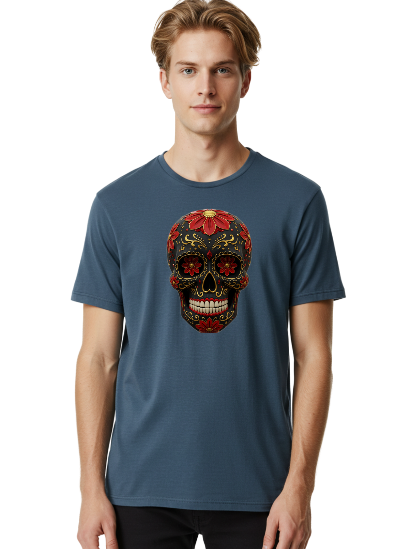 Sugar-Skull-14 Men'S Graphic Tee, 100% Cotton, Comfortable Casual Summer Wear, Machine Washable, Sugar Skull, Day Of The Dead, Floral Designs, Skull Art, Mexican Culture, Gold Filigree, Red Flowers, Black Skull, Decorative Skull, Bad763