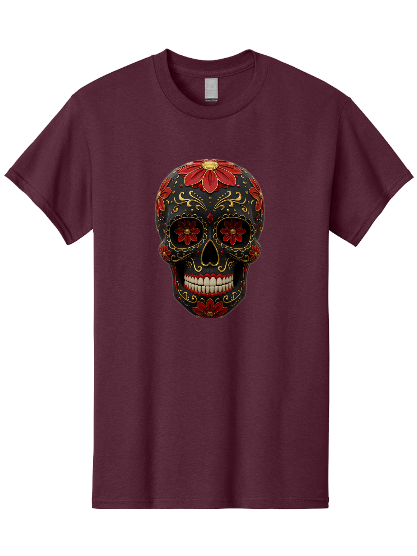 Sugar-Skull-14 Men'S Graphic Tee, 100% Cotton, Comfortable Casual Summer Wear, Machine Washable, Sugar Skull, Day Of The Dead, Floral Designs, Skull Art, Mexican Culture, Gold Filigree, Red Flowers, Black Skull, Decorative Skull, Bad763