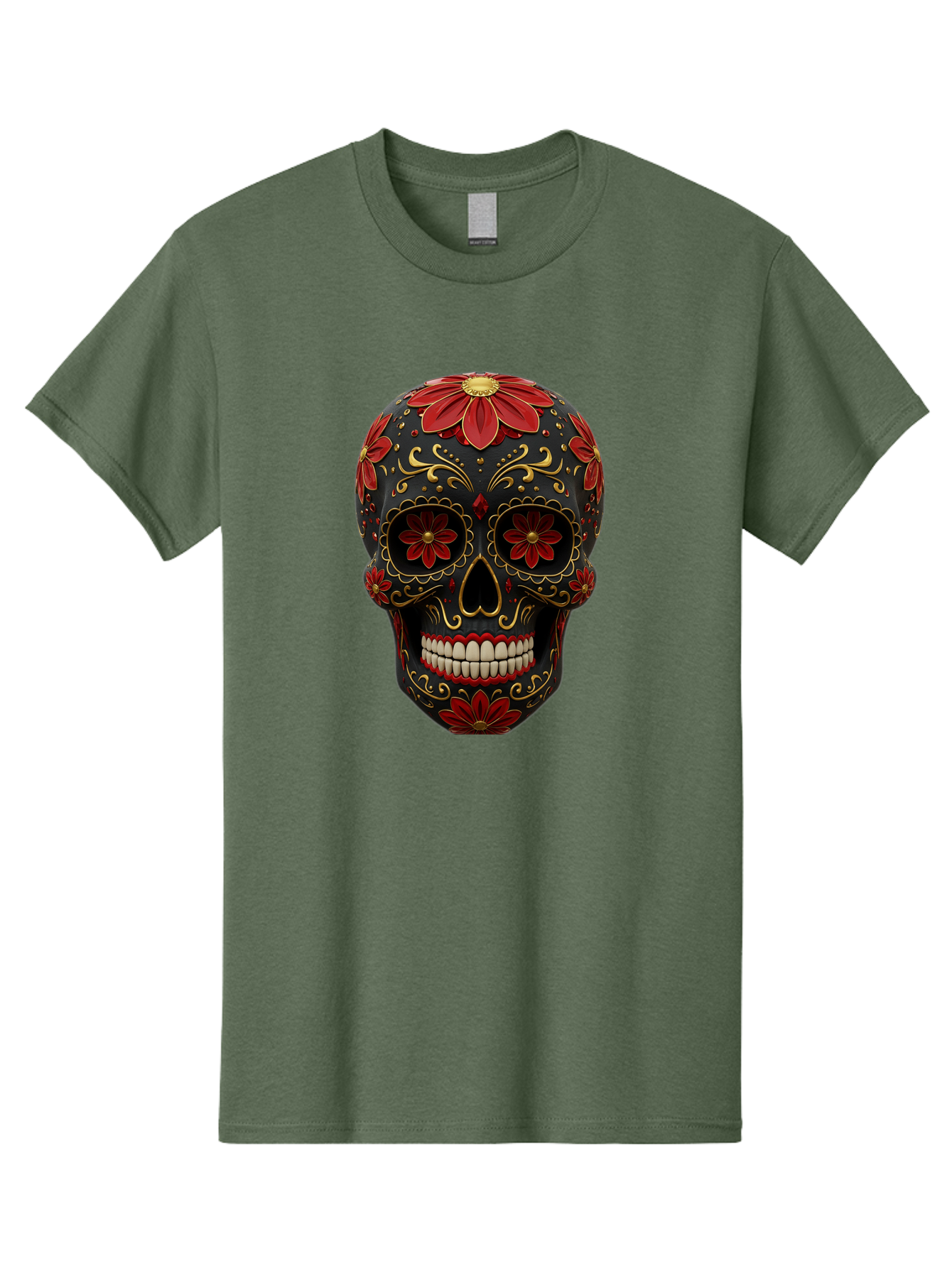 Sugar-Skull-14 Men'S Graphic Tee, 100% Cotton, Comfortable Casual Summer Wear, Machine Washable, Sugar Skull, Day Of The Dead, Floral Designs, Skull Art, Mexican Culture, Gold Filigree, Red Flowers, Black Skull, Decorative Skull, Bad763