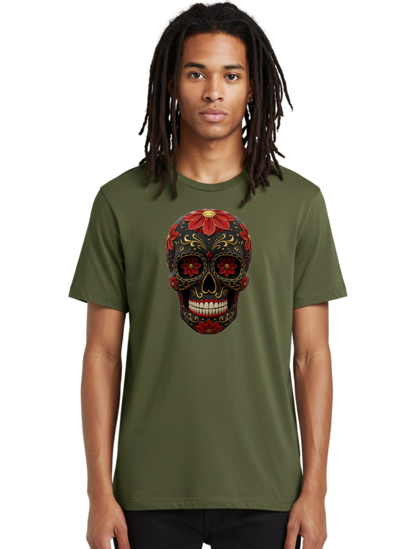 Sugar-Skull-14 Men'S Graphic Tee, 100% Cotton, Comfortable Casual Summer Wear, Machine Washable, Sugar Skull, Day Of The Dead, Floral Designs, Skull Art, Mexican Culture, Gold Filigree, Red Flowers, Black Skull, Decorative Skull, Bad763