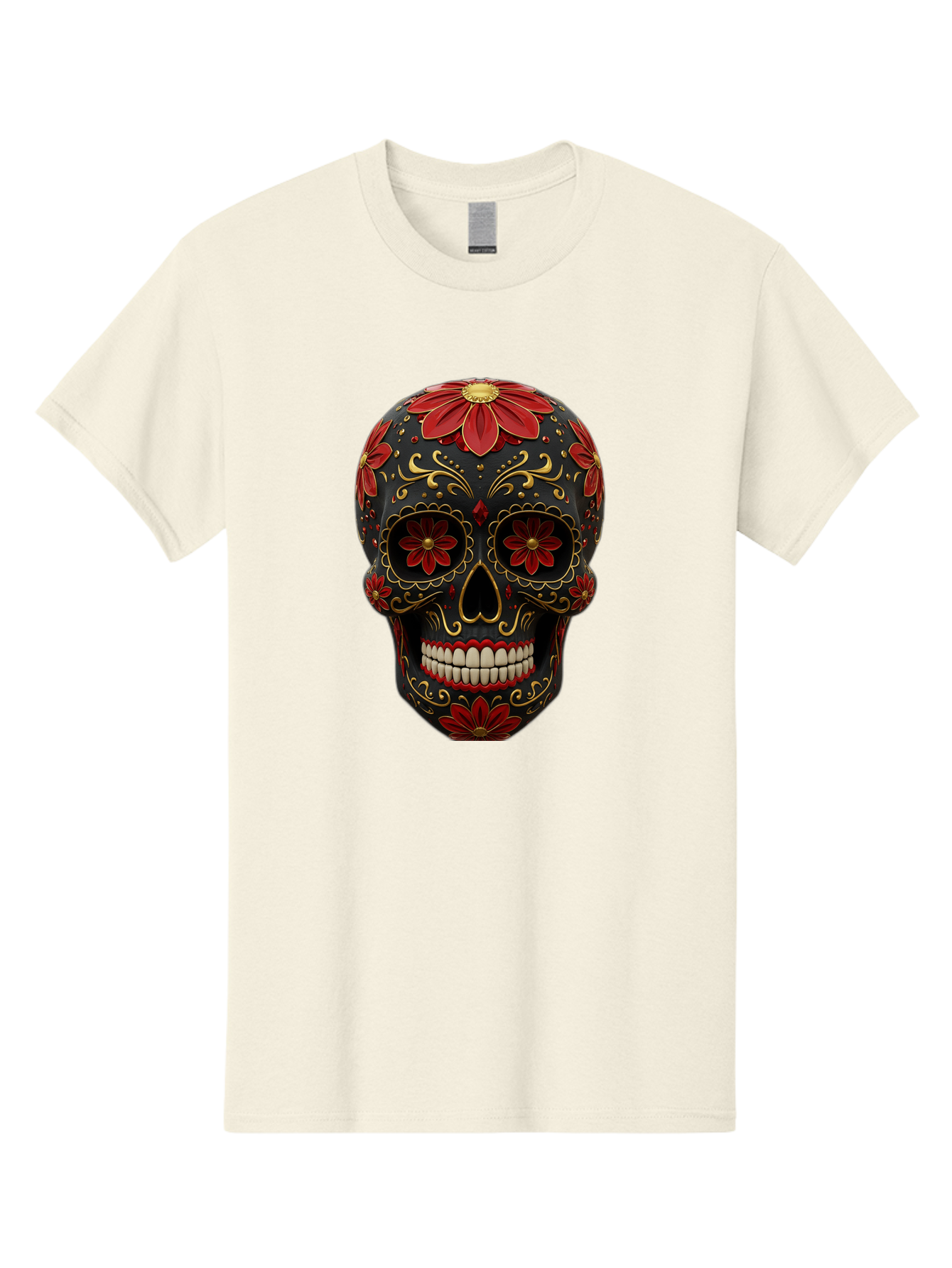 Sugar-Skull-14 Men'S Graphic Tee, 100% Cotton, Comfortable Casual Summer Wear, Machine Washable, Sugar Skull, Day Of The Dead, Floral Designs, Skull Art, Mexican Culture, Gold Filigree, Red Flowers, Black Skull, Decorative Skull, Bad763