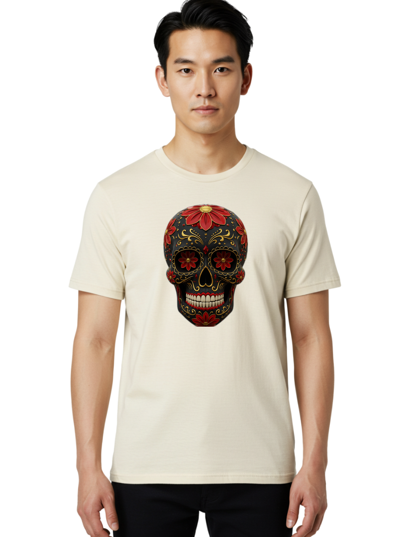Sugar-Skull-14 Men'S Graphic Tee, 100% Cotton, Comfortable Casual Summer Wear, Machine Washable, Sugar Skull, Day Of The Dead, Floral Designs, Skull Art, Mexican Culture, Gold Filigree, Red Flowers, Black Skull, Decorative Skull, Bad763
