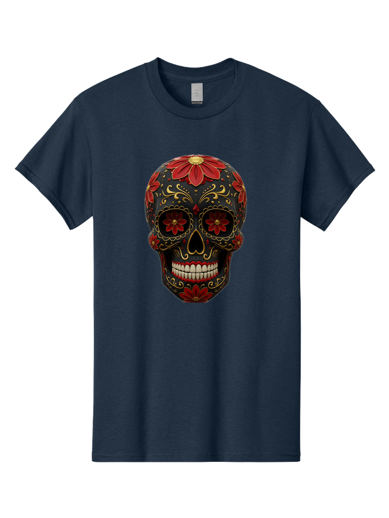 Sugar-Skull-14 Men'S Graphic Tee, 100% Cotton, Comfortable Casual Summer Wear, Machine Washable, Sugar Skull, Day Of The Dead, Floral Designs, Skull Art, Mexican Culture, Gold Filigree, Red Flowers, Black Skull, Decorative Skull, Bad763