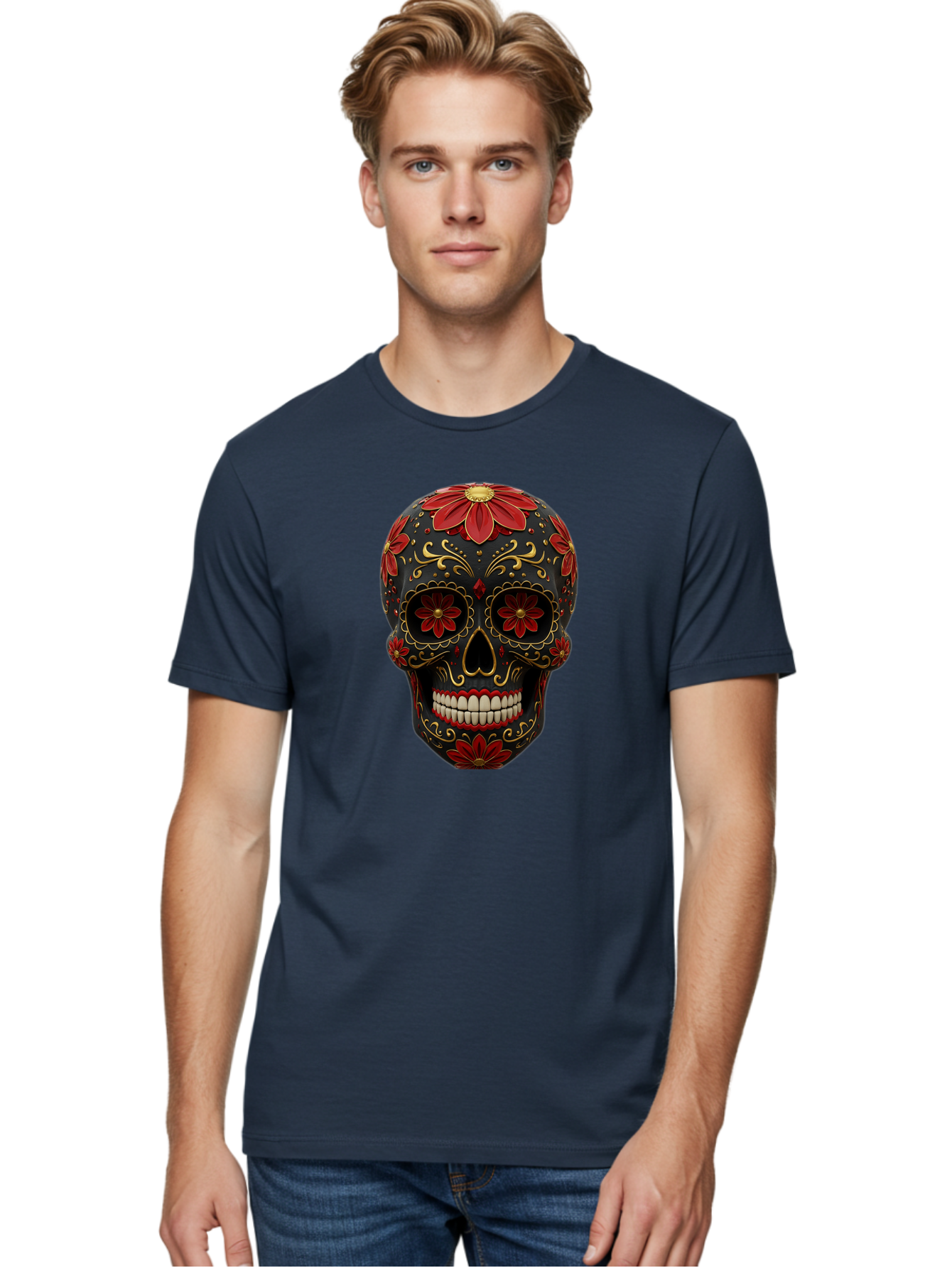 Sugar-Skull-14 Men'S Graphic Tee, 100% Cotton, Comfortable Casual Summer Wear, Machine Washable, Sugar Skull, Day Of The Dead, Floral Designs, Skull Art, Mexican Culture, Gold Filigree, Red Flowers, Black Skull, Decorative Skull, Bad763