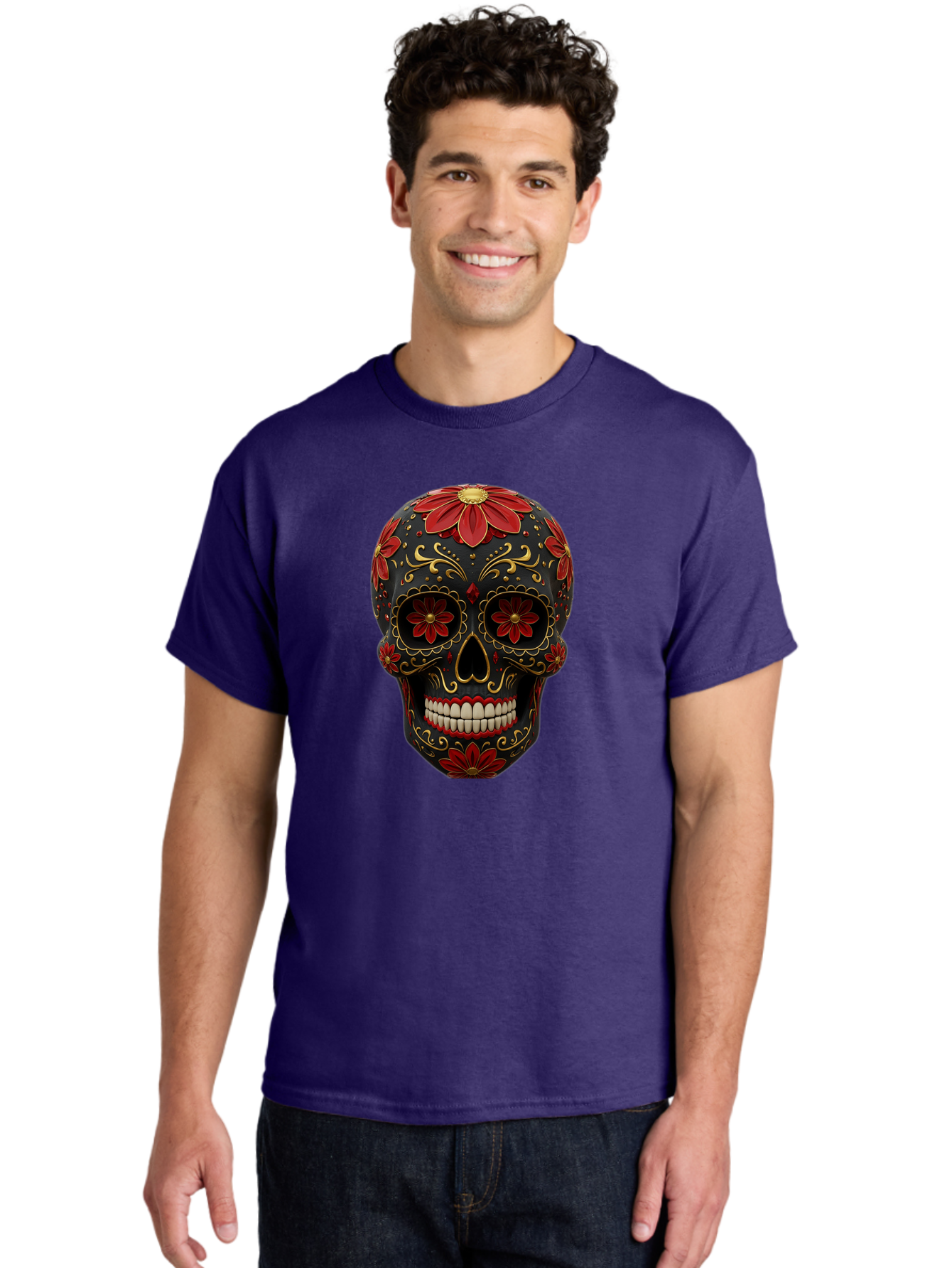 Sugar-Skull-14 Men'S Graphic Tee, 100% Cotton, Comfortable Casual Summer Wear, Machine Washable, Sugar Skull, Day Of The Dead, Floral Designs, Skull Art, Mexican Culture, Gold Filigree, Red Flowers, Black Skull, Decorative Skull, Bad763