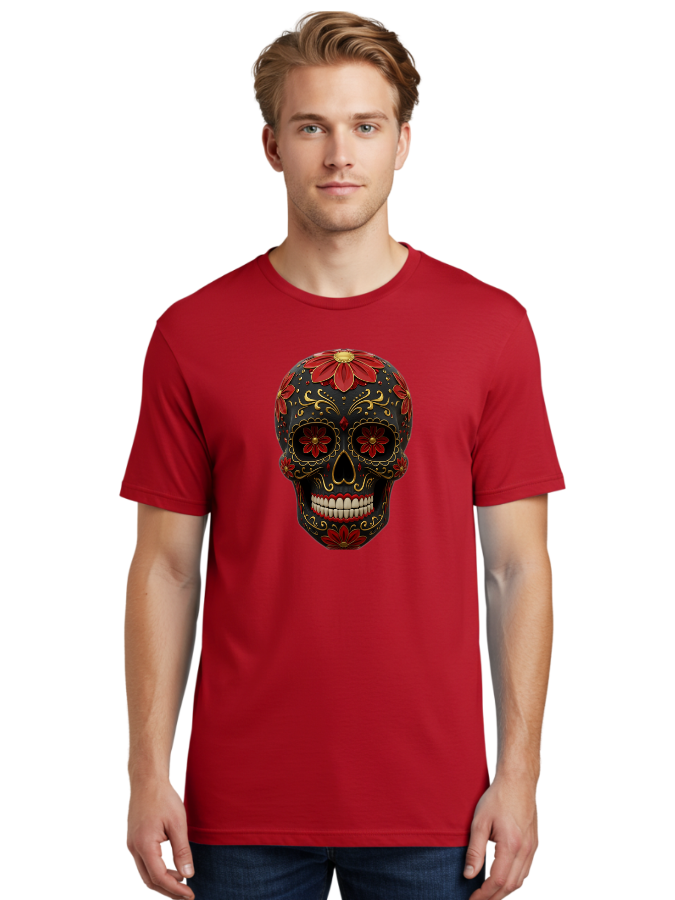 Sugar-Skull-14 Men'S Graphic Tee, 100% Cotton, Comfortable Casual Summer Wear, Machine Washable, Sugar Skull, Day Of The Dead, Floral Designs, Skull Art, Mexican Culture, Gold Filigree, Red Flowers, Black Skull, Decorative Skull, Bad763