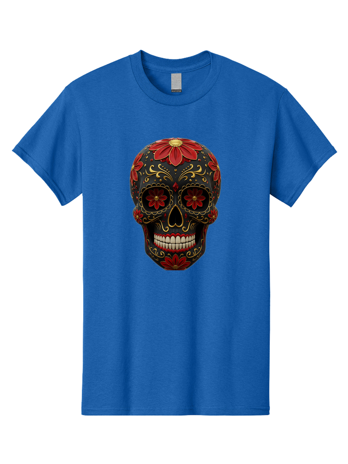 Sugar-Skull-14 Men'S Graphic Tee, 100% Cotton, Comfortable Casual Summer Wear, Machine Washable, Sugar Skull, Day Of The Dead, Floral Designs, Skull Art, Mexican Culture, Gold Filigree, Red Flowers, Black Skull, Decorative Skull, Bad763