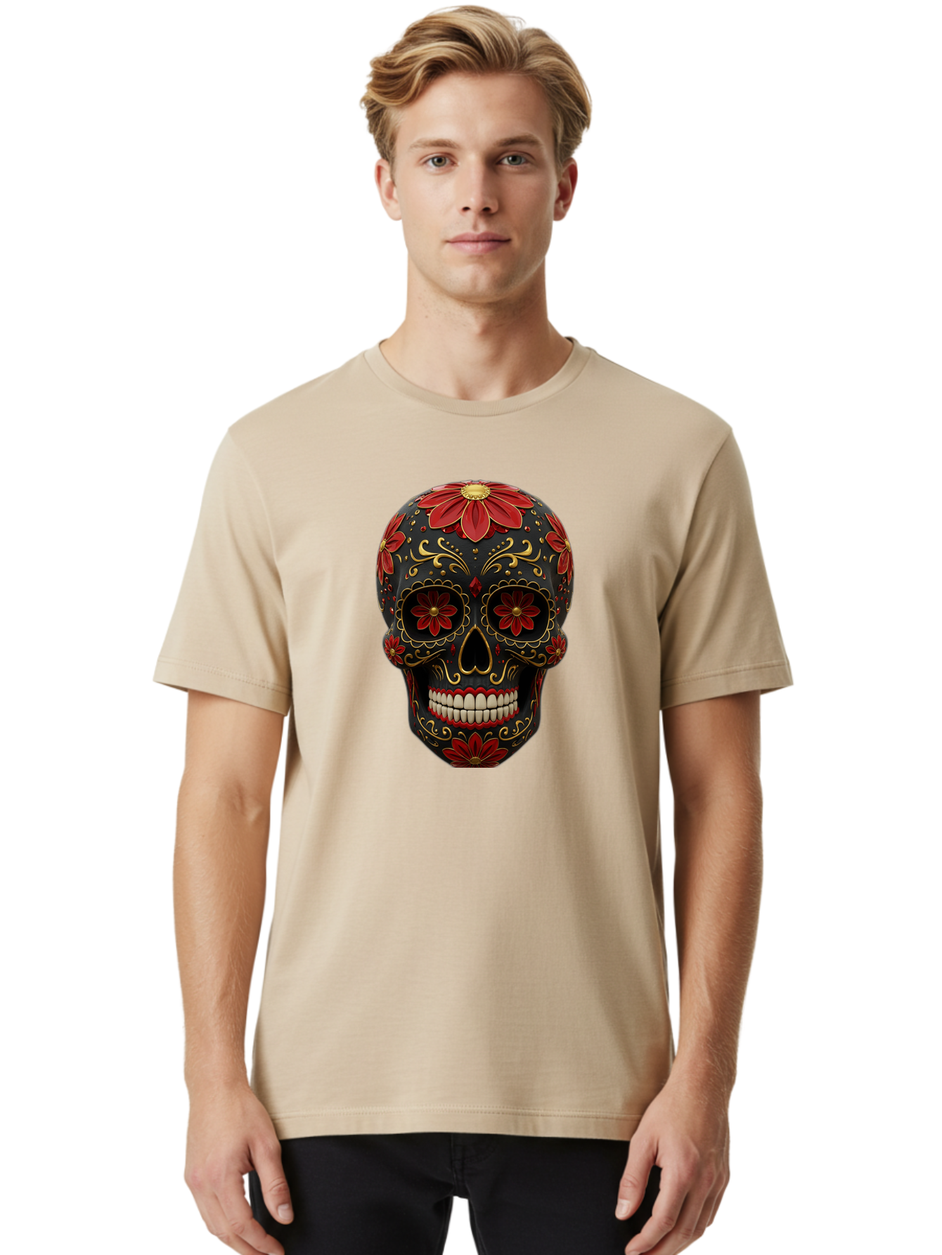 Sugar-Skull-14 Men'S Graphic Tee, 100% Cotton, Comfortable Casual Summer Wear, Machine Washable, Sugar Skull, Day Of The Dead, Floral Designs, Skull Art, Mexican Culture, Gold Filigree, Red Flowers, Black Skull, Decorative Skull, Bad763