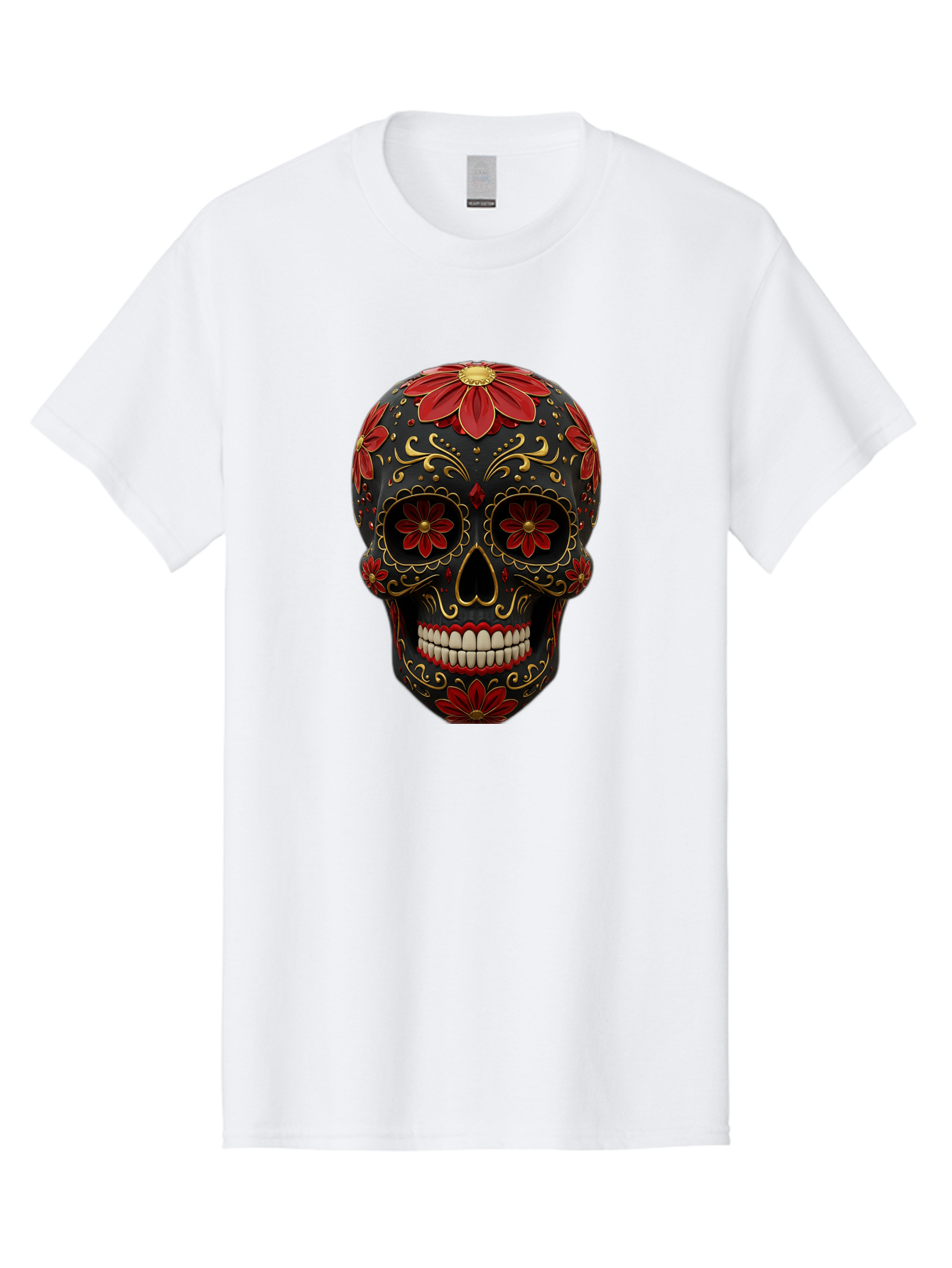 Sugar-Skull-14 Men'S Graphic Tee, 100% Cotton, Comfortable Casual Summer Wear, Machine Washable, Sugar Skull, Day Of The Dead, Floral Designs, Skull Art, Mexican Culture, Gold Filigree, Red Flowers, Black Skull, Decorative Skull, Bad763