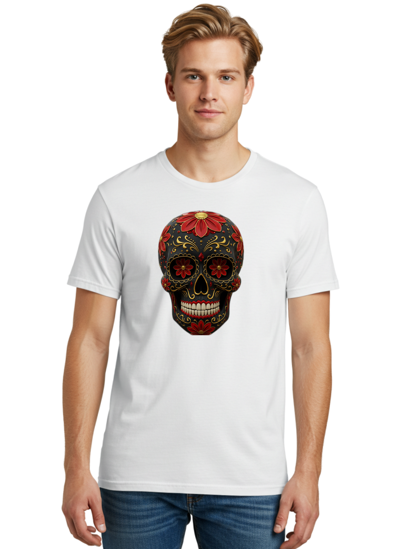 Sugar-Skull-14 Men'S Graphic Tee, 100% Cotton, Comfortable Casual Summer Wear, Machine Washable, Sugar Skull, Day Of The Dead, Floral Designs, Skull Art, Mexican Culture, Gold Filigree, Red Flowers, Black Skull, Decorative Skull, Bad763