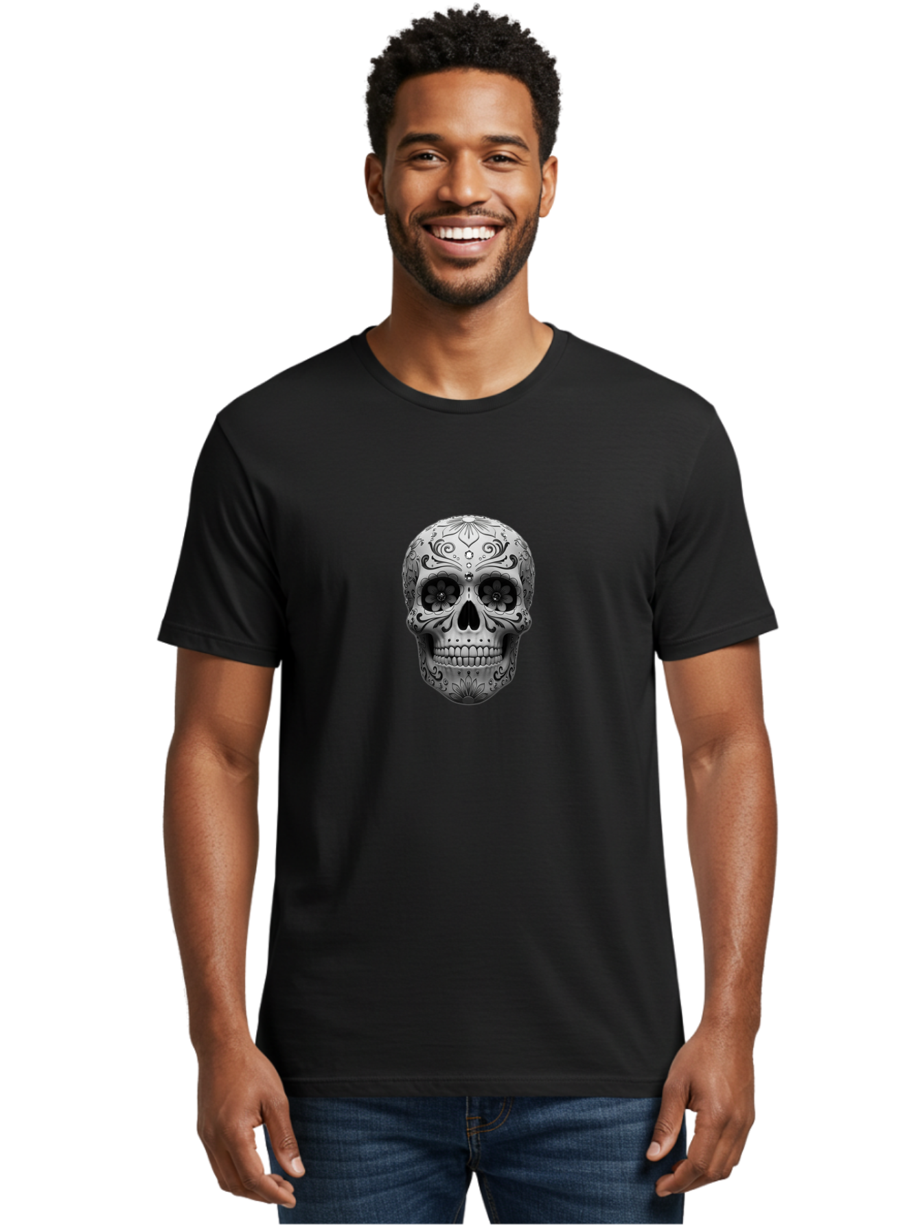 Sugar-Skull-15 Men'S Graphic Tee, 100% Cotton, Comfortable Casual Summer Wear, Machine Washable, Detailed Skull, Floral Patterns, Black And White Design, Sugar Skull Art, Day Of Dead, Mexican Culture, Intricate Designs, Gothic Style, Bad764