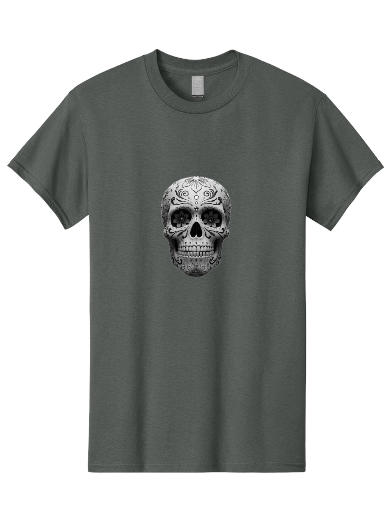 Sugar-Skull-15 Men'S Graphic Tee, 100% Cotton, Comfortable Casual Summer Wear, Machine Washable, Detailed Skull, Floral Patterns, Black And White Design, Sugar Skull Art, Day Of Dead, Mexican Culture, Intricate Designs, Gothic Style, Bad764