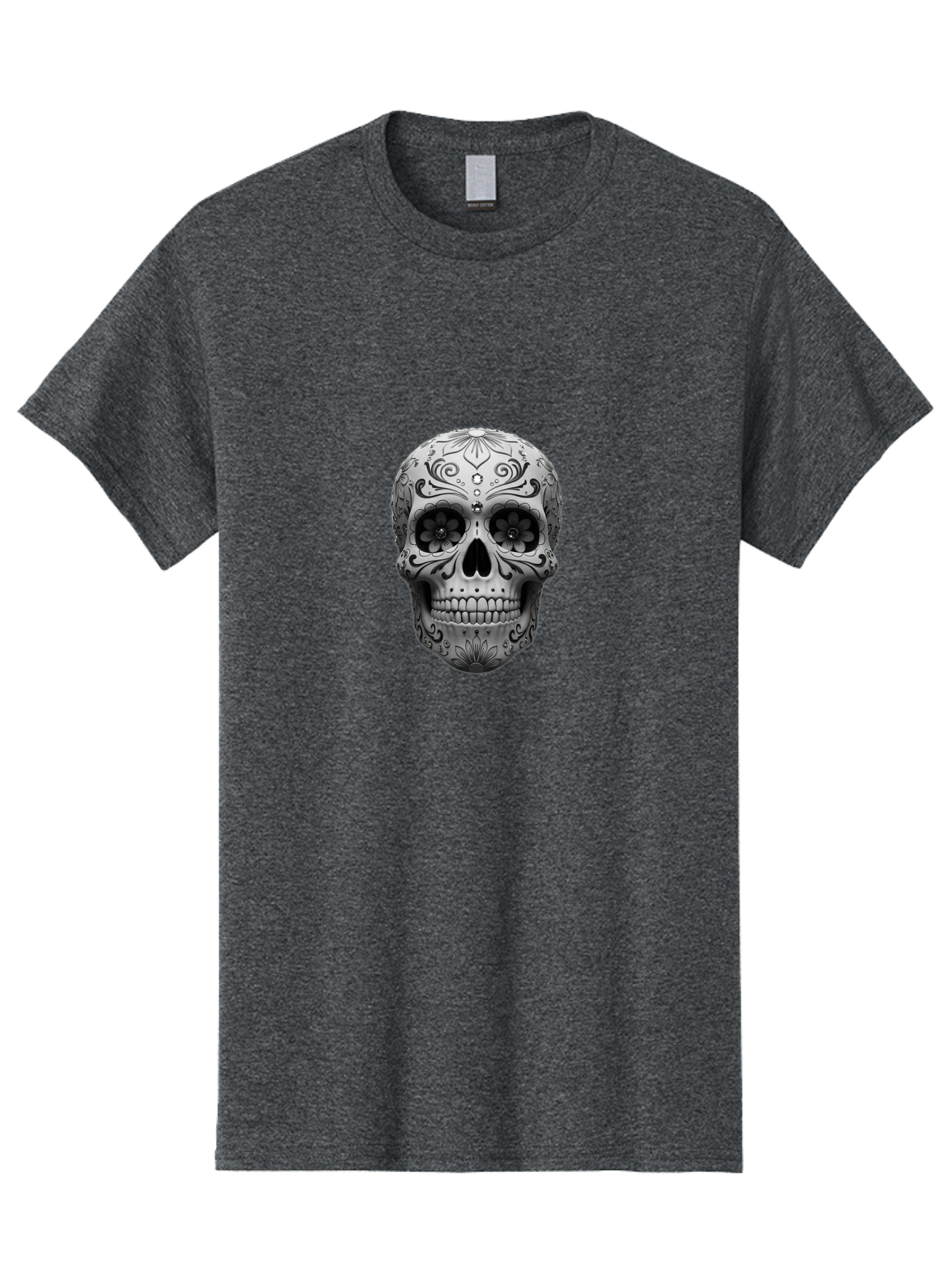 Sugar-Skull-15 Men'S Graphic Tee, 100% Cotton, Comfortable Casual Summer Wear, Machine Washable, Detailed Skull, Floral Patterns, Black And White Design, Sugar Skull Art, Day Of Dead, Mexican Culture, Intricate Designs, Gothic Style, Bad764