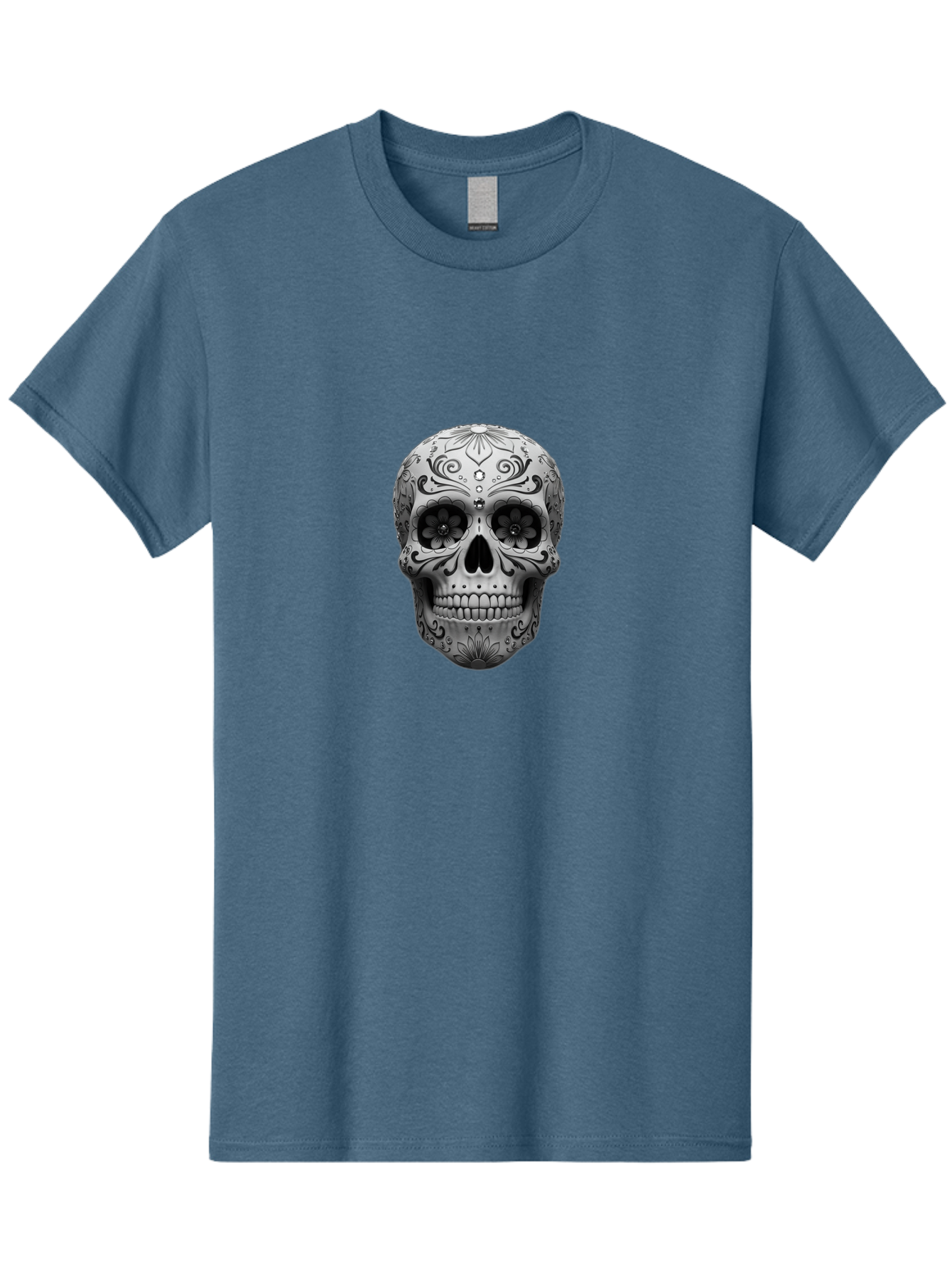Sugar-Skull-15 Men'S Graphic Tee, 100% Cotton, Comfortable Casual Summer Wear, Machine Washable, Detailed Skull, Floral Patterns, Black And White Design, Sugar Skull Art, Day Of Dead, Mexican Culture, Intricate Designs, Gothic Style, Bad764
