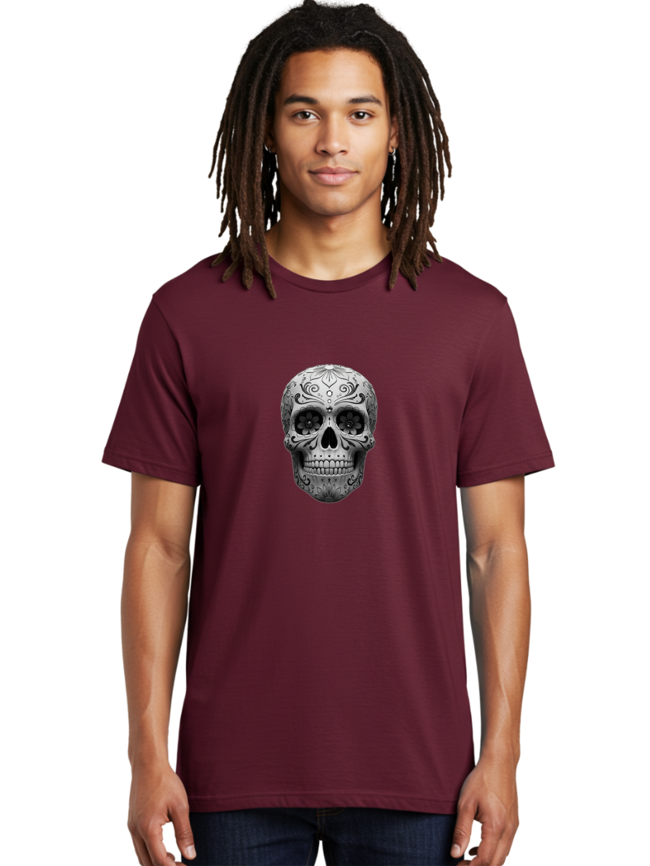 Sugar-Skull-15 Men'S Graphic Tee, 100% Cotton, Comfortable Casual Summer Wear, Machine Washable, Detailed Skull, Floral Patterns, Black And White Design, Sugar Skull Art, Day Of Dead, Mexican Culture, Intricate Designs, Gothic Style, Bad764