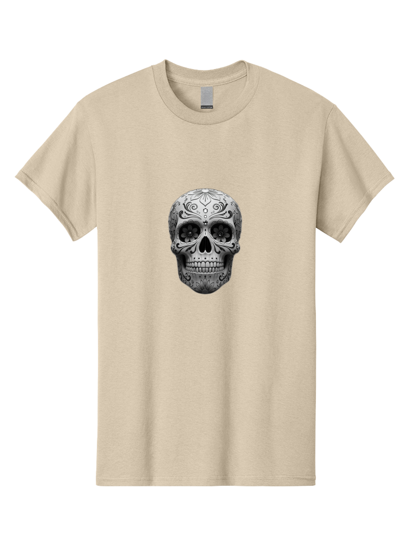 Sugar-Skull-15 Men'S Graphic Tee, 100% Cotton, Comfortable Casual Summer Wear, Machine Washable, Detailed Skull, Floral Patterns, Black And White Design, Sugar Skull Art, Day Of Dead, Mexican Culture, Intricate Designs, Gothic Style, Bad764