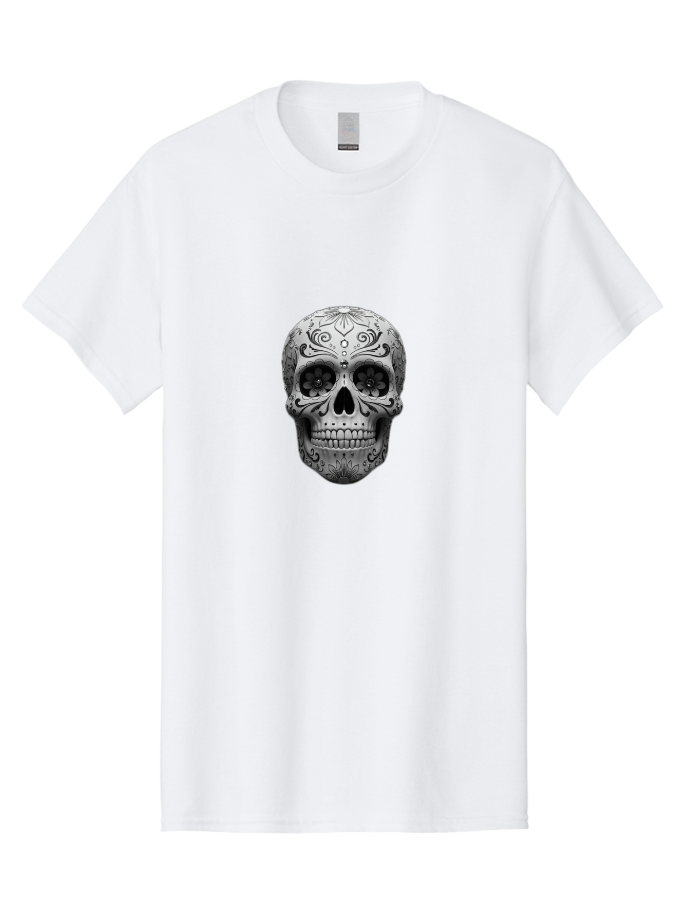 Sugar-Skull-15 Men'S Graphic Tee, 100% Cotton, Comfortable Casual Summer Wear, Machine Washable, Detailed Skull, Floral Patterns, Black And White Design, Sugar Skull Art, Day Of Dead, Mexican Culture, Intricate Designs, Gothic Style, Bad764