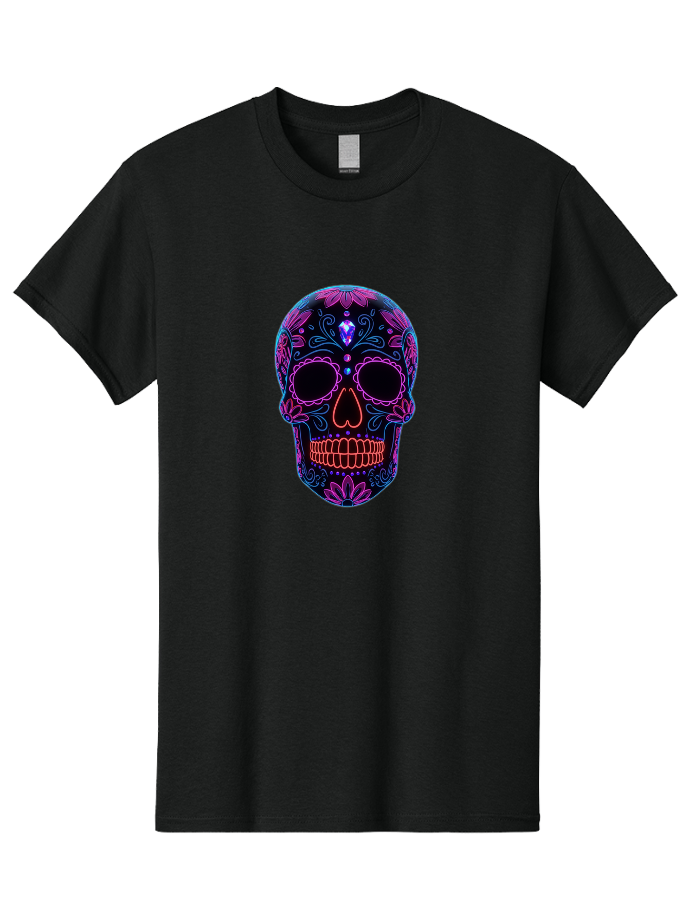 Sugar-Skull-16 Men'S Graphic Tee, 100% Cotton, Comfortable Casual Summer Wear, Machine Washable, Sugar Skull Design, Day Of The Dead, Neon Lights, Floral Patterns, Vibrant Colors, Mexican Culture, Gothic Style, Gemstone Decoration, Bad765