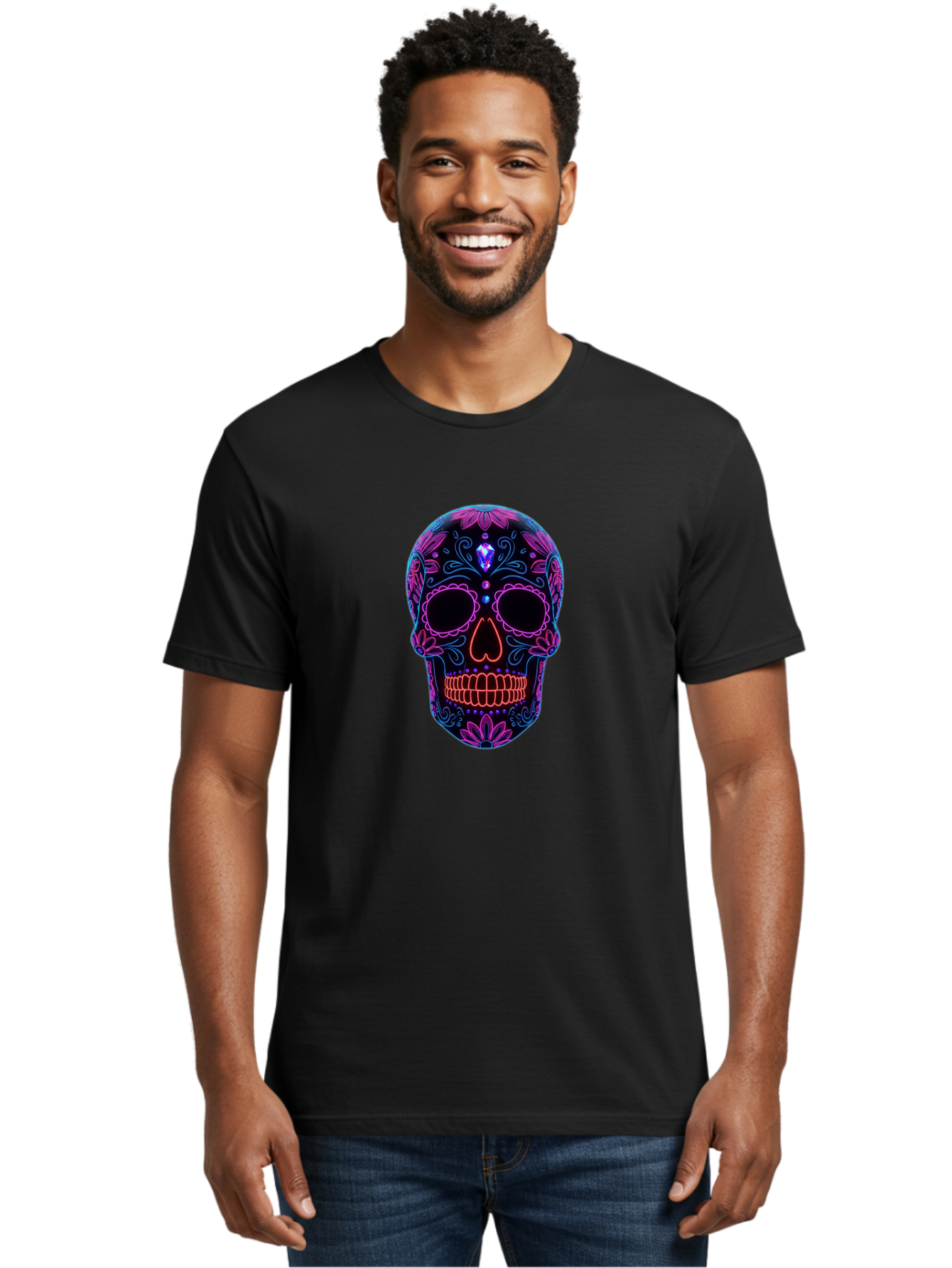 Sugar-Skull-16 Men'S Graphic Tee, 100% Cotton, Comfortable Casual Summer Wear, Machine Washable, Sugar Skull Design, Day Of The Dead, Neon Lights, Floral Patterns, Vibrant Colors, Mexican Culture, Gothic Style, Gemstone Decoration, Bad765