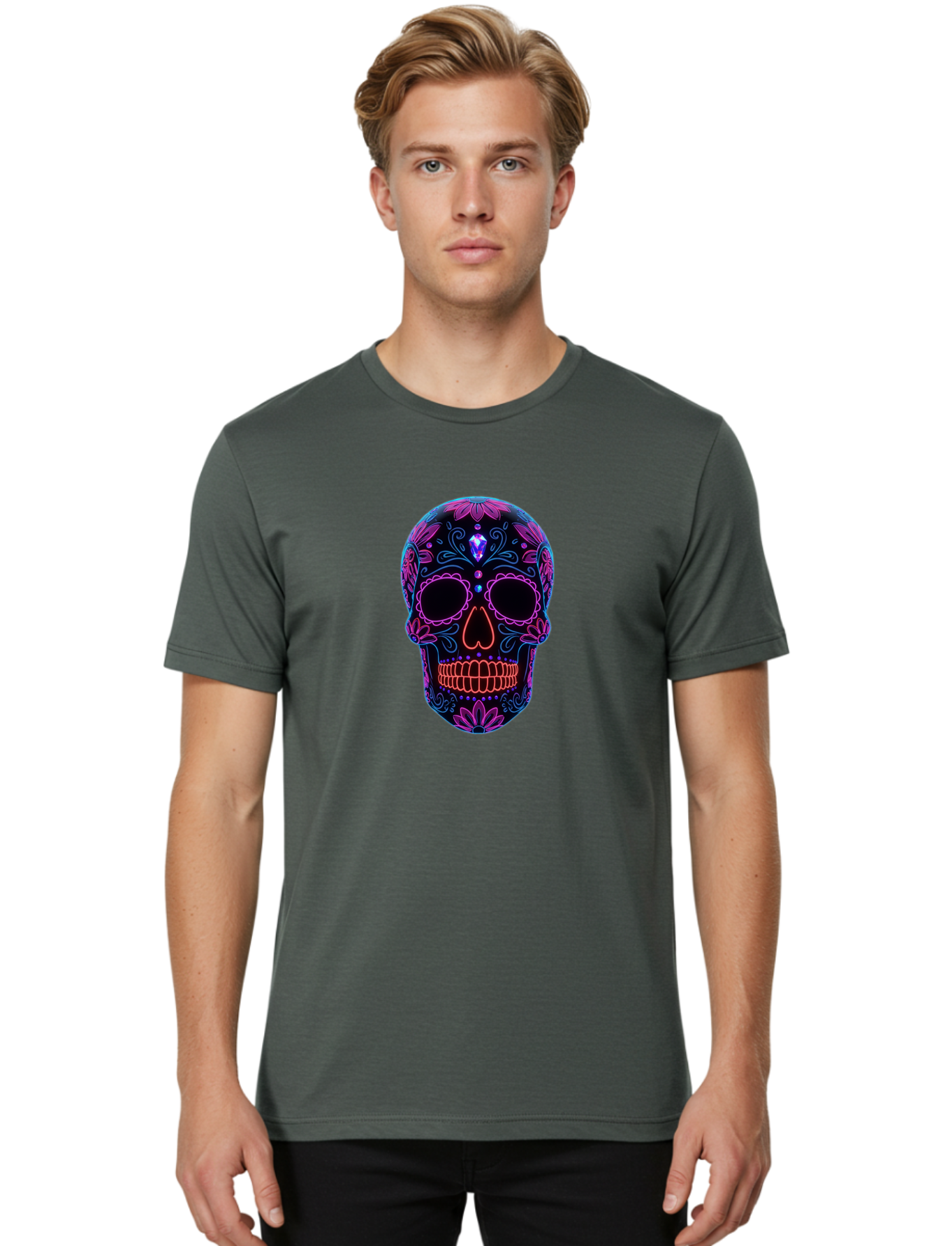 Sugar-Skull-16 Men'S Graphic Tee, 100% Cotton, Comfortable Casual Summer Wear, Machine Washable, Sugar Skull Design, Day Of The Dead, Neon Lights, Floral Patterns, Vibrant Colors, Mexican Culture, Gothic Style, Gemstone Decoration, Bad765
