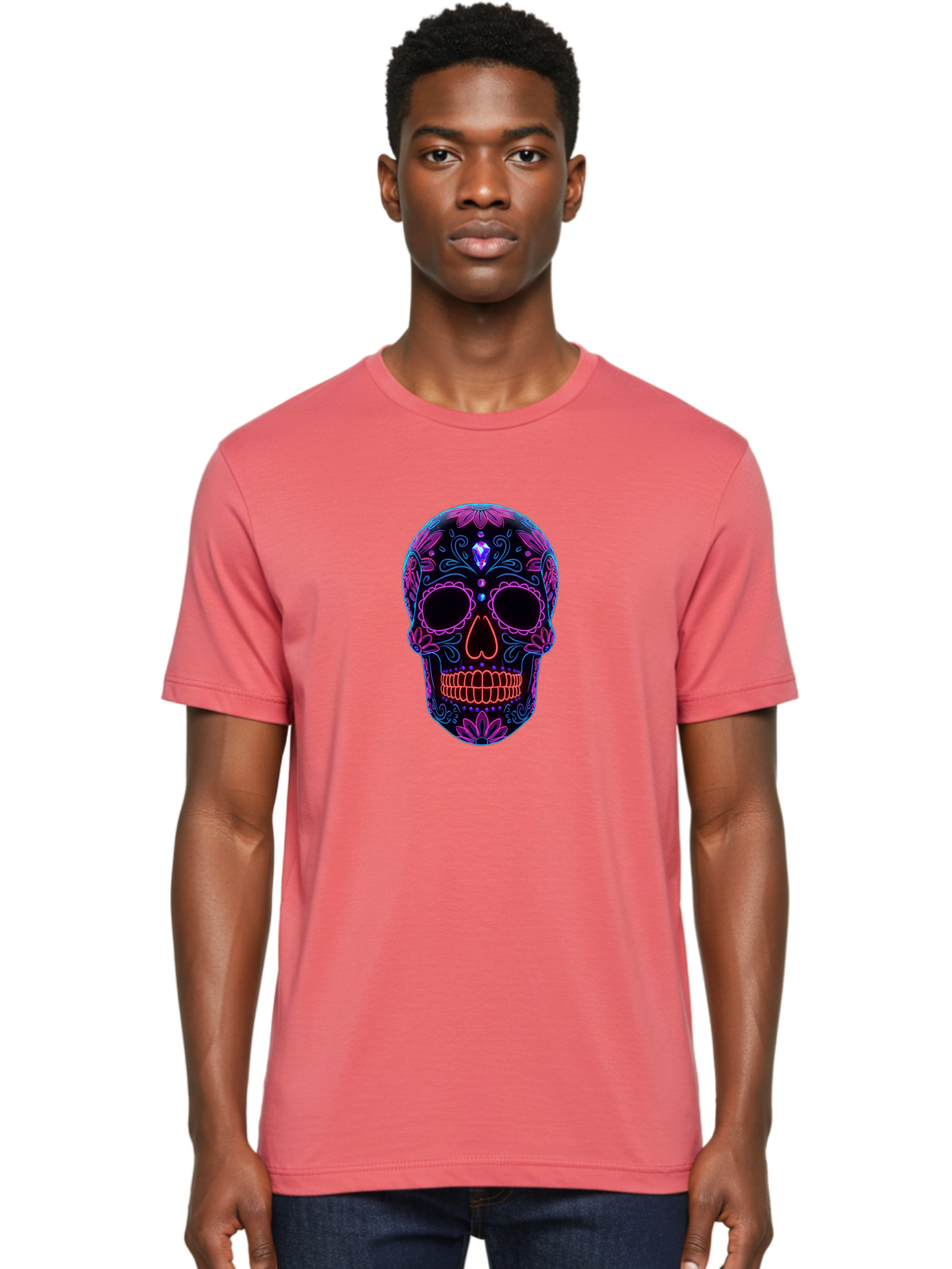 Sugar-Skull-16 Men'S Graphic Tee, 100% Cotton, Comfortable Casual Summer Wear, Machine Washable, Sugar Skull Design, Day Of The Dead, Neon Lights, Floral Patterns, Vibrant Colors, Mexican Culture, Gothic Style, Gemstone Decoration, Bad765