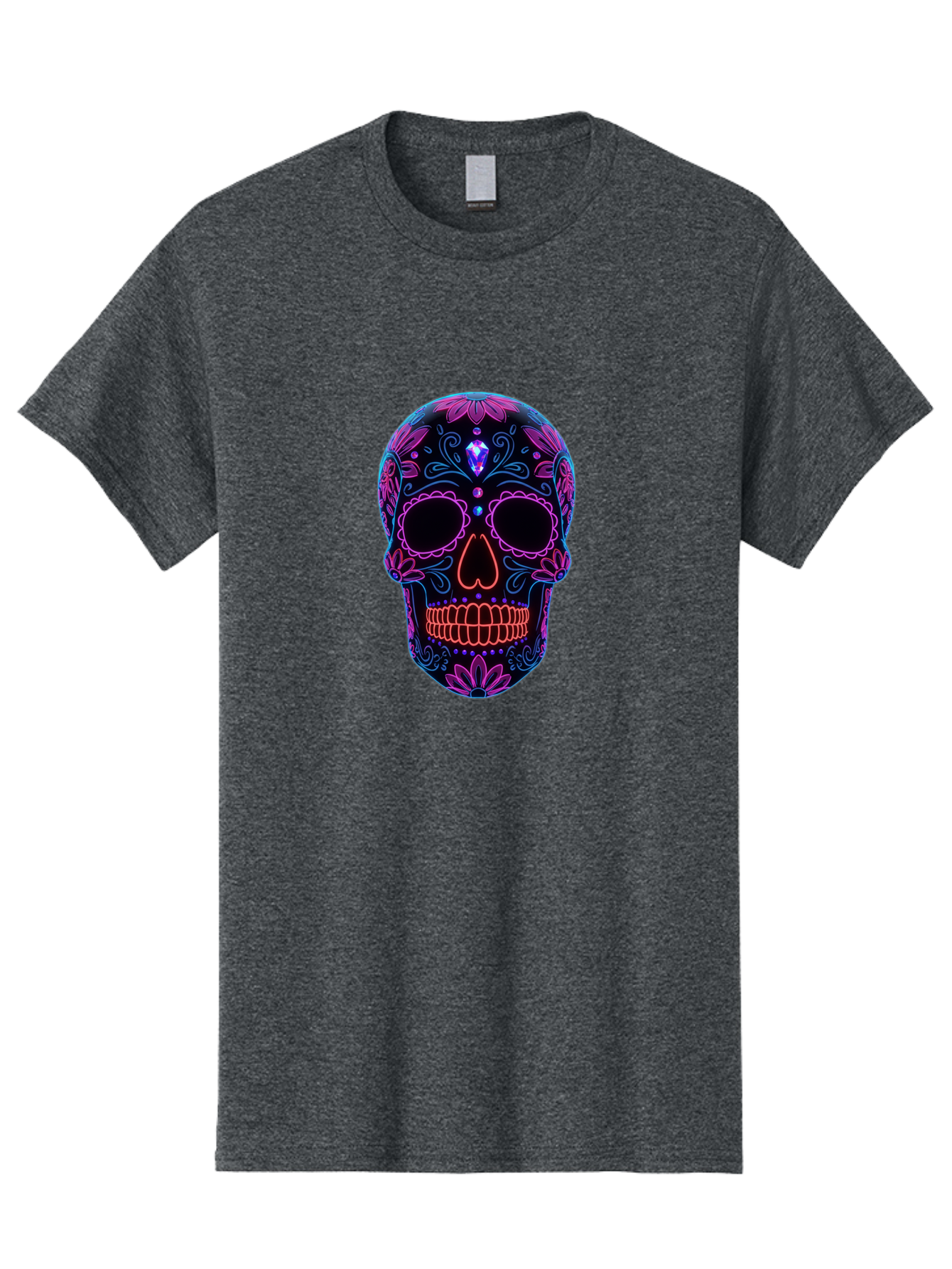 Sugar-Skull-16 Men'S Graphic Tee, 100% Cotton, Comfortable Casual Summer Wear, Machine Washable, Sugar Skull Design, Day Of The Dead, Neon Lights, Floral Patterns, Vibrant Colors, Mexican Culture, Gothic Style, Gemstone Decoration, Bad765