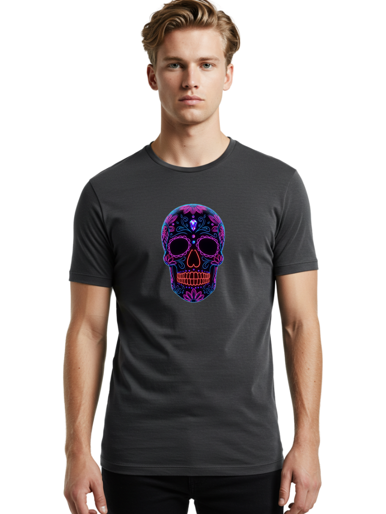 Sugar-Skull-16 Men'S Graphic Tee, 100% Cotton, Comfortable Casual Summer Wear, Machine Washable, Sugar Skull Design, Day Of The Dead, Neon Lights, Floral Patterns, Vibrant Colors, Mexican Culture, Gothic Style, Gemstone Decoration, Bad765