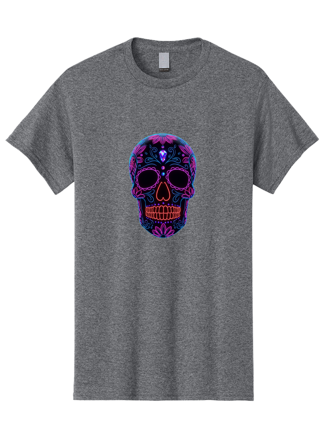 Sugar-Skull-16 Men'S Graphic Tee, 100% Cotton, Comfortable Casual Summer Wear, Machine Washable, Sugar Skull Design, Day Of The Dead, Neon Lights, Floral Patterns, Vibrant Colors, Mexican Culture, Gothic Style, Gemstone Decoration, Bad765