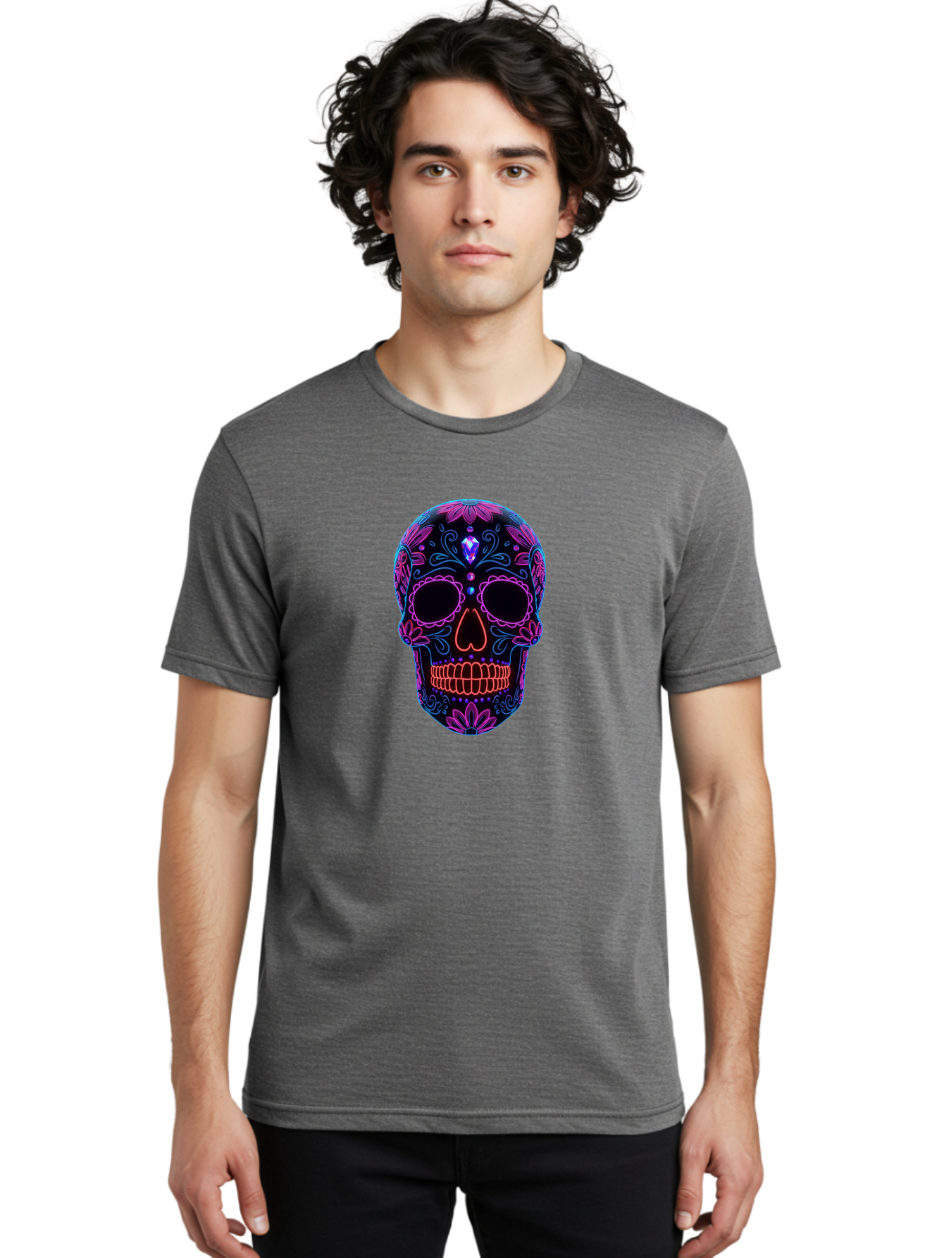 Sugar-Skull-16 Men'S Graphic Tee, 100% Cotton, Comfortable Casual Summer Wear, Machine Washable, Sugar Skull Design, Day Of The Dead, Neon Lights, Floral Patterns, Vibrant Colors, Mexican Culture, Gothic Style, Gemstone Decoration, Bad765