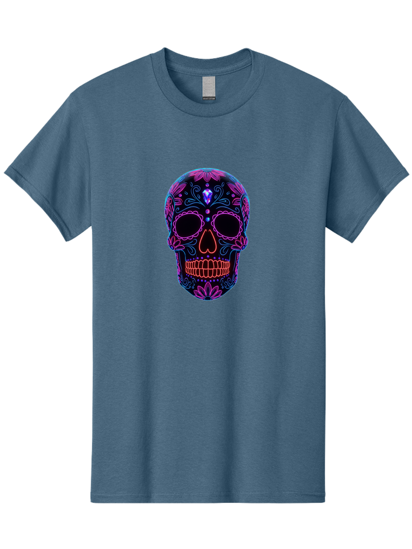 Sugar-Skull-16 Men'S Graphic Tee, 100% Cotton, Comfortable Casual Summer Wear, Machine Washable, Sugar Skull Design, Day Of The Dead, Neon Lights, Floral Patterns, Vibrant Colors, Mexican Culture, Gothic Style, Gemstone Decoration, Bad765