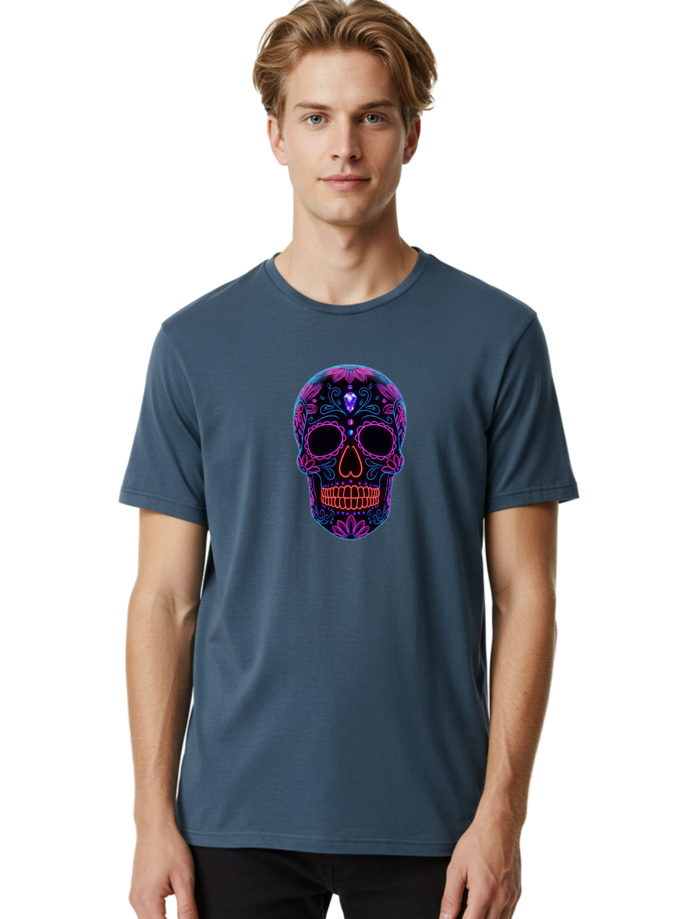 Sugar-Skull-16 Men'S Graphic Tee, 100% Cotton, Comfortable Casual Summer Wear, Machine Washable, Sugar Skull Design, Day Of The Dead, Neon Lights, Floral Patterns, Vibrant Colors, Mexican Culture, Gothic Style, Gemstone Decoration, Bad765