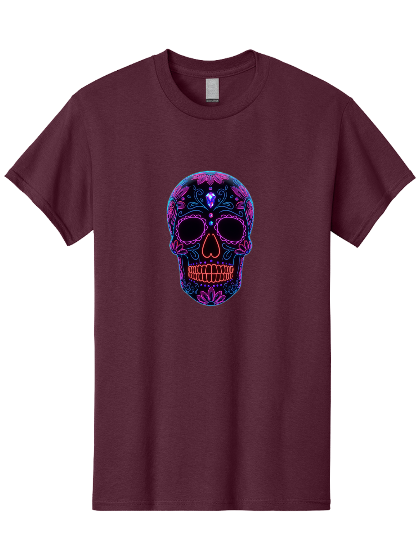 Sugar-Skull-16 Men'S Graphic Tee, 100% Cotton, Comfortable Casual Summer Wear, Machine Washable, Sugar Skull Design, Day Of The Dead, Neon Lights, Floral Patterns, Vibrant Colors, Mexican Culture, Gothic Style, Gemstone Decoration, Bad765