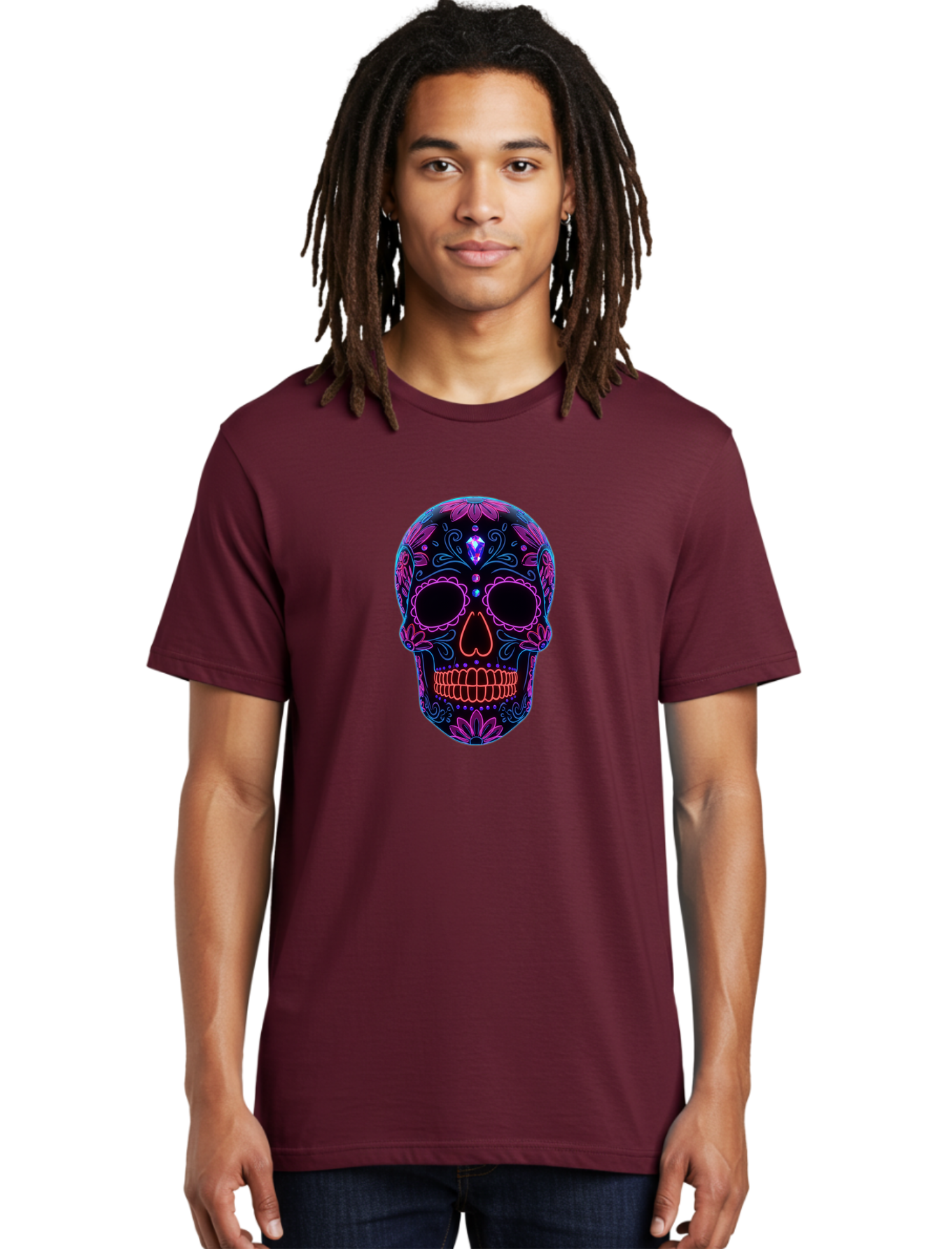 Sugar-Skull-16 Men'S Graphic Tee, 100% Cotton, Comfortable Casual Summer Wear, Machine Washable, Sugar Skull Design, Day Of The Dead, Neon Lights, Floral Patterns, Vibrant Colors, Mexican Culture, Gothic Style, Gemstone Decoration, Bad765