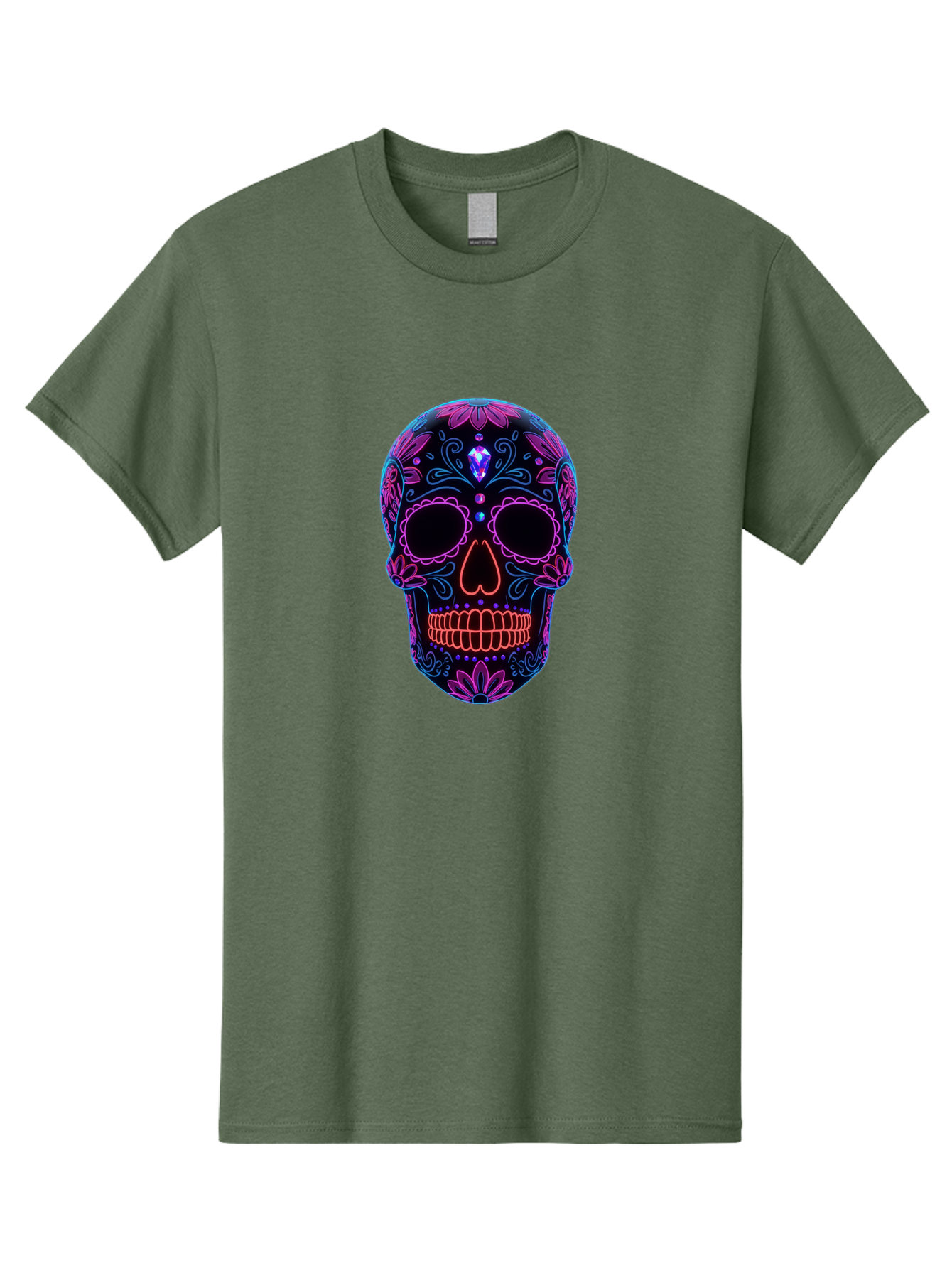 Sugar-Skull-16 Men'S Graphic Tee, 100% Cotton, Comfortable Casual Summer Wear, Machine Washable, Sugar Skull Design, Day Of The Dead, Neon Lights, Floral Patterns, Vibrant Colors, Mexican Culture, Gothic Style, Gemstone Decoration, Bad765