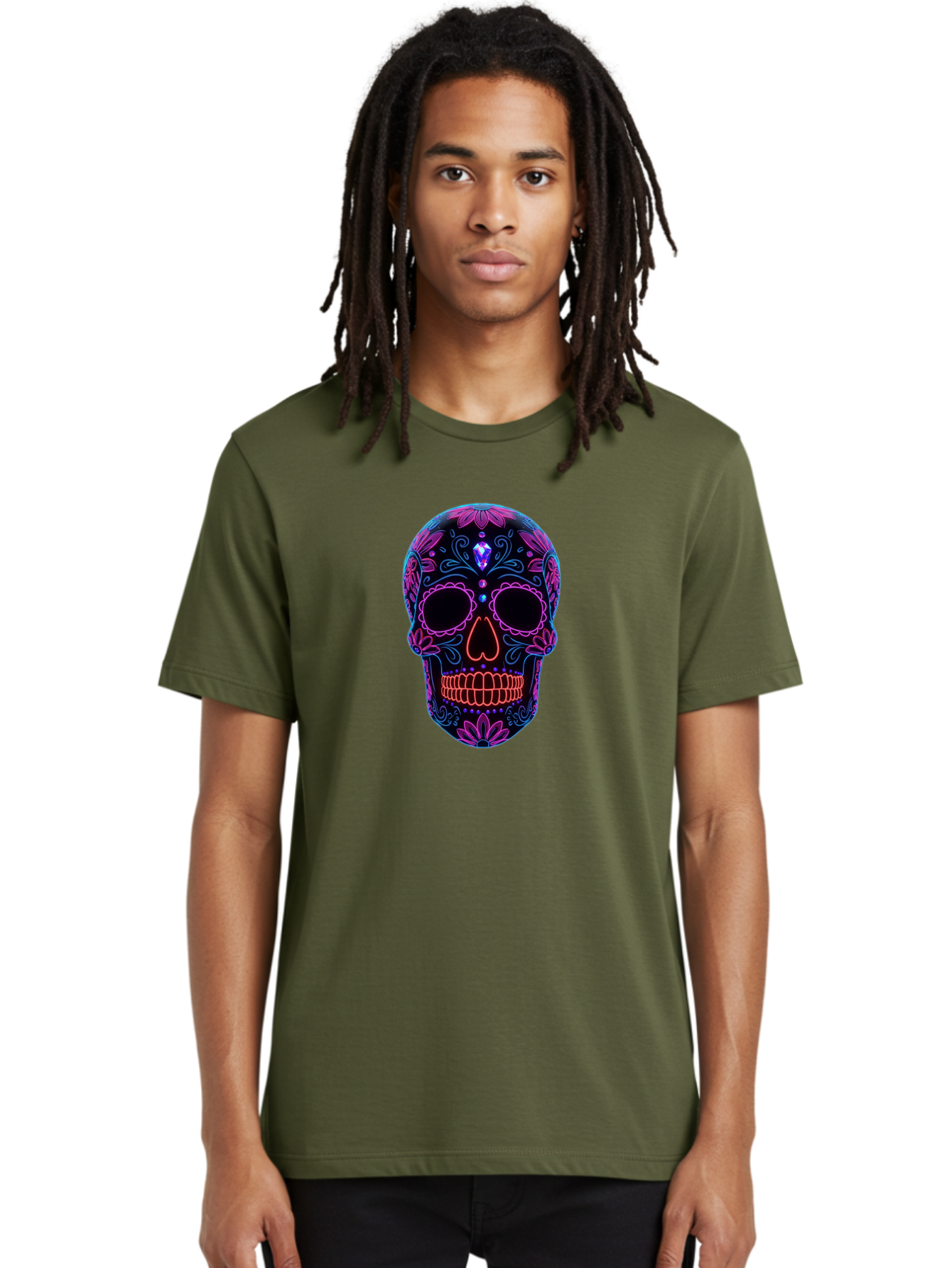 Sugar-Skull-16 Men'S Graphic Tee, 100% Cotton, Comfortable Casual Summer Wear, Machine Washable, Sugar Skull Design, Day Of The Dead, Neon Lights, Floral Patterns, Vibrant Colors, Mexican Culture, Gothic Style, Gemstone Decoration, Bad765