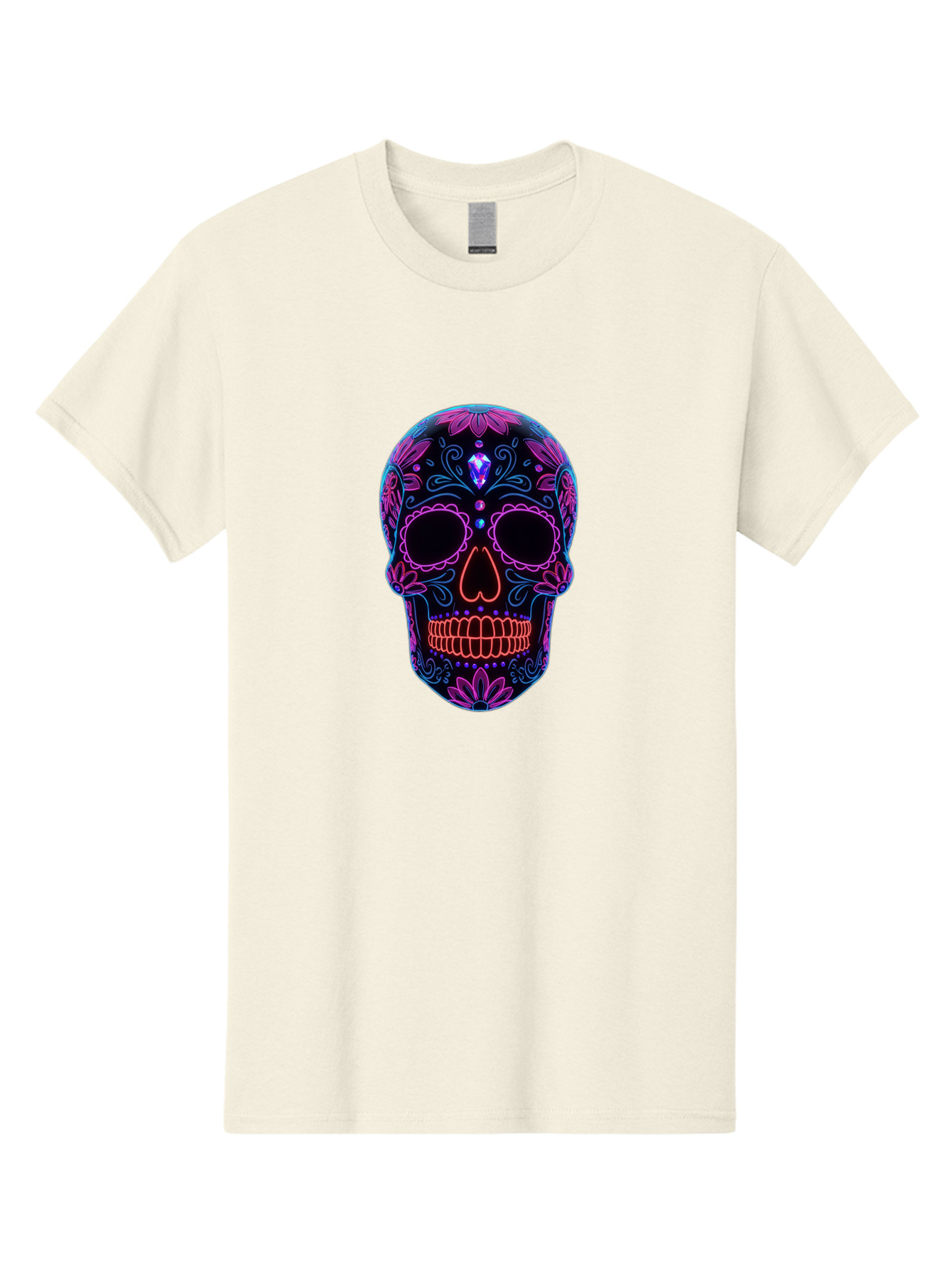Sugar-Skull-16 Men'S Graphic Tee, 100% Cotton, Comfortable Casual Summer Wear, Machine Washable, Sugar Skull Design, Day Of The Dead, Neon Lights, Floral Patterns, Vibrant Colors, Mexican Culture, Gothic Style, Gemstone Decoration, Bad765