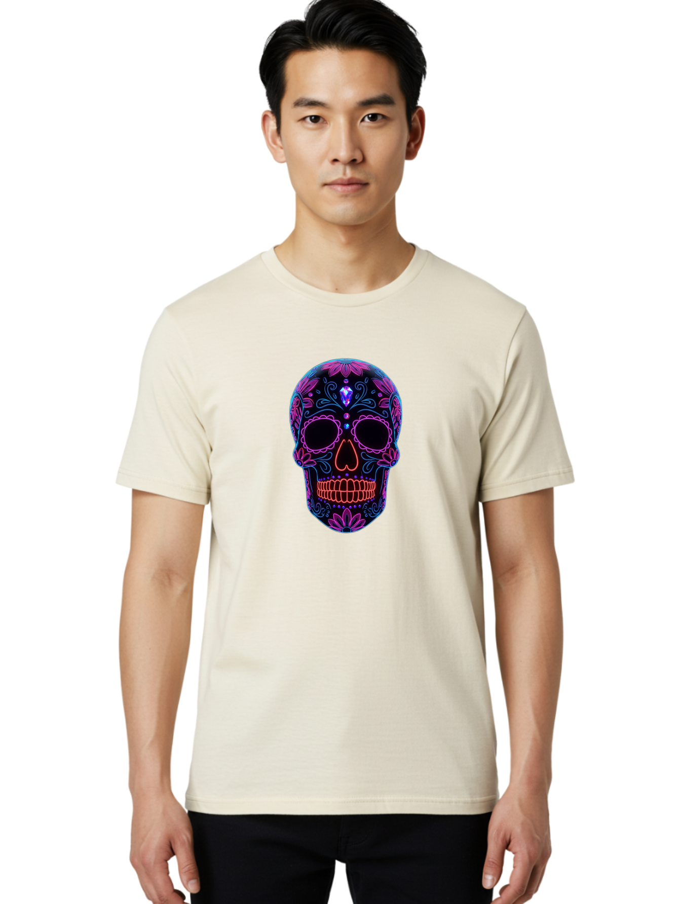 Sugar-Skull-16 Men'S Graphic Tee, 100% Cotton, Comfortable Casual Summer Wear, Machine Washable, Sugar Skull Design, Day Of The Dead, Neon Lights, Floral Patterns, Vibrant Colors, Mexican Culture, Gothic Style, Gemstone Decoration, Bad765