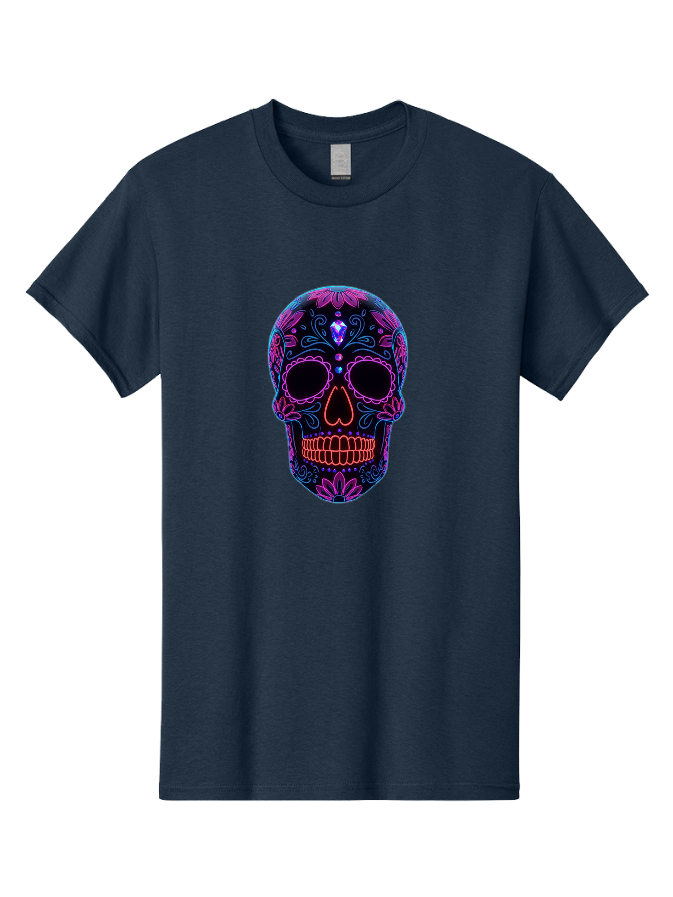Sugar-Skull-16 Men'S Graphic Tee, 100% Cotton, Comfortable Casual Summer Wear, Machine Washable, Sugar Skull Design, Day Of The Dead, Neon Lights, Floral Patterns, Vibrant Colors, Mexican Culture, Gothic Style, Gemstone Decoration, Bad765