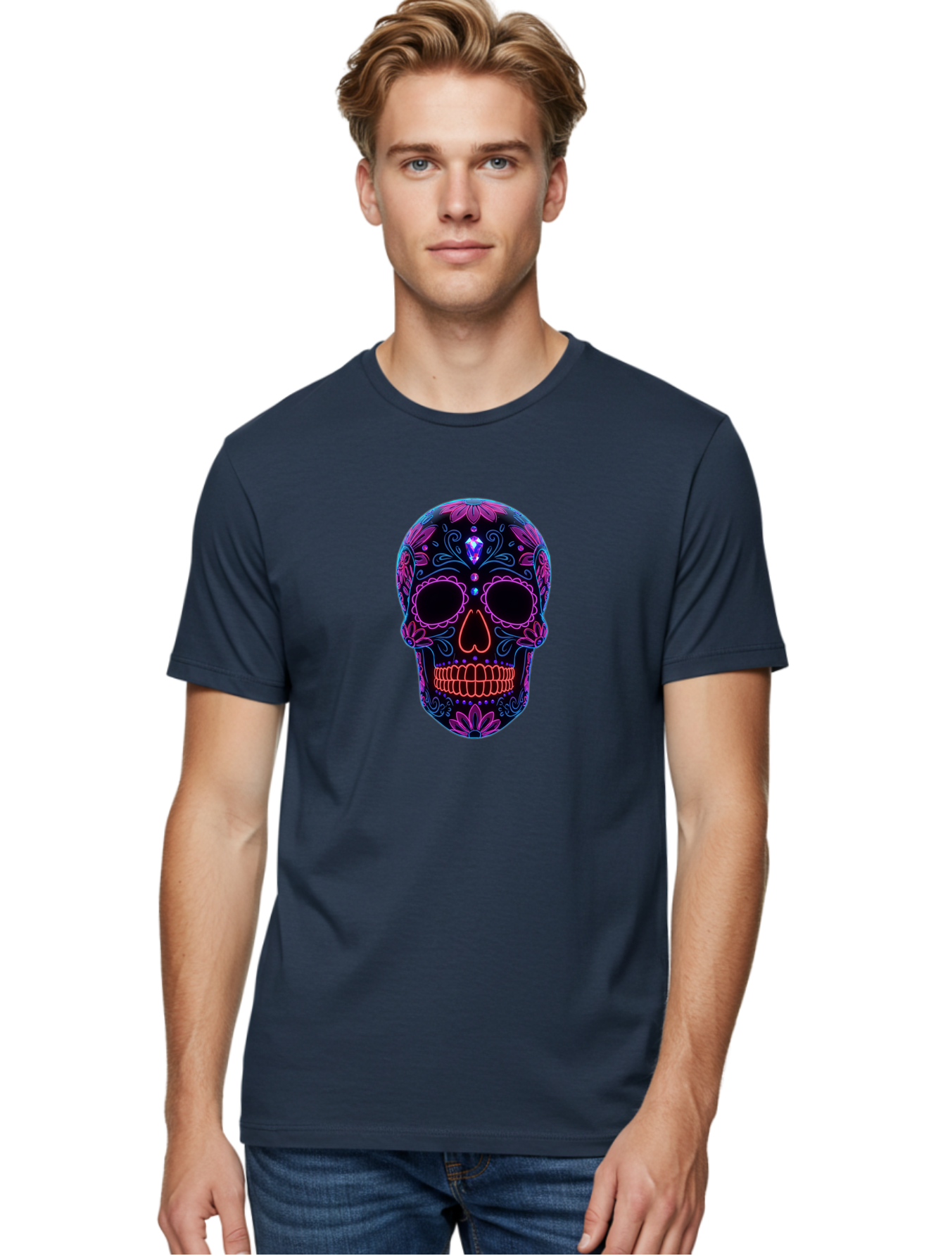 Sugar-Skull-16 Men'S Graphic Tee, 100% Cotton, Comfortable Casual Summer Wear, Machine Washable, Sugar Skull Design, Day Of The Dead, Neon Lights, Floral Patterns, Vibrant Colors, Mexican Culture, Gothic Style, Gemstone Decoration, Bad765