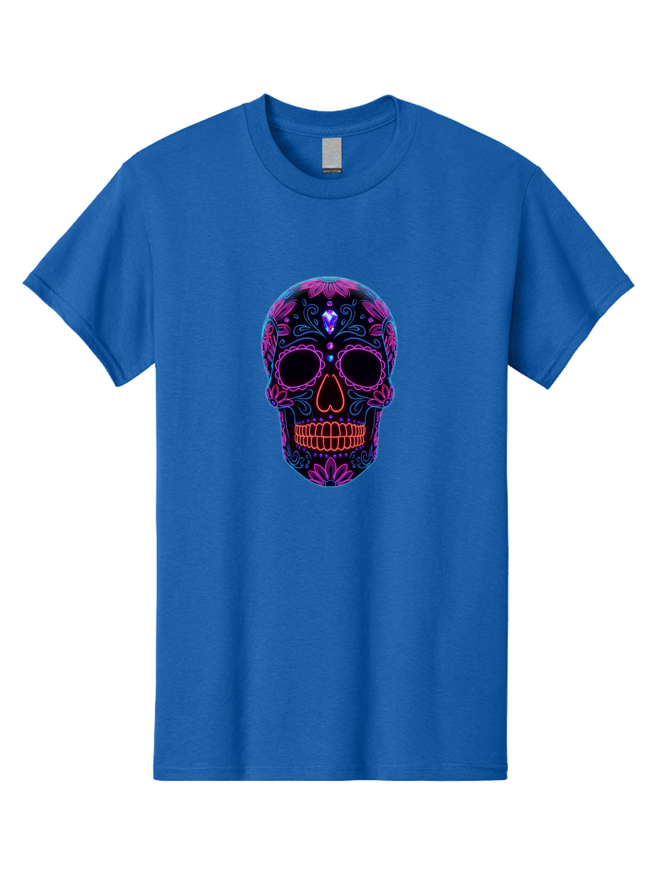 Sugar-Skull-16 Men'S Graphic Tee, 100% Cotton, Comfortable Casual Summer Wear, Machine Washable, Sugar Skull Design, Day Of The Dead, Neon Lights, Floral Patterns, Vibrant Colors, Mexican Culture, Gothic Style, Gemstone Decoration, Bad765