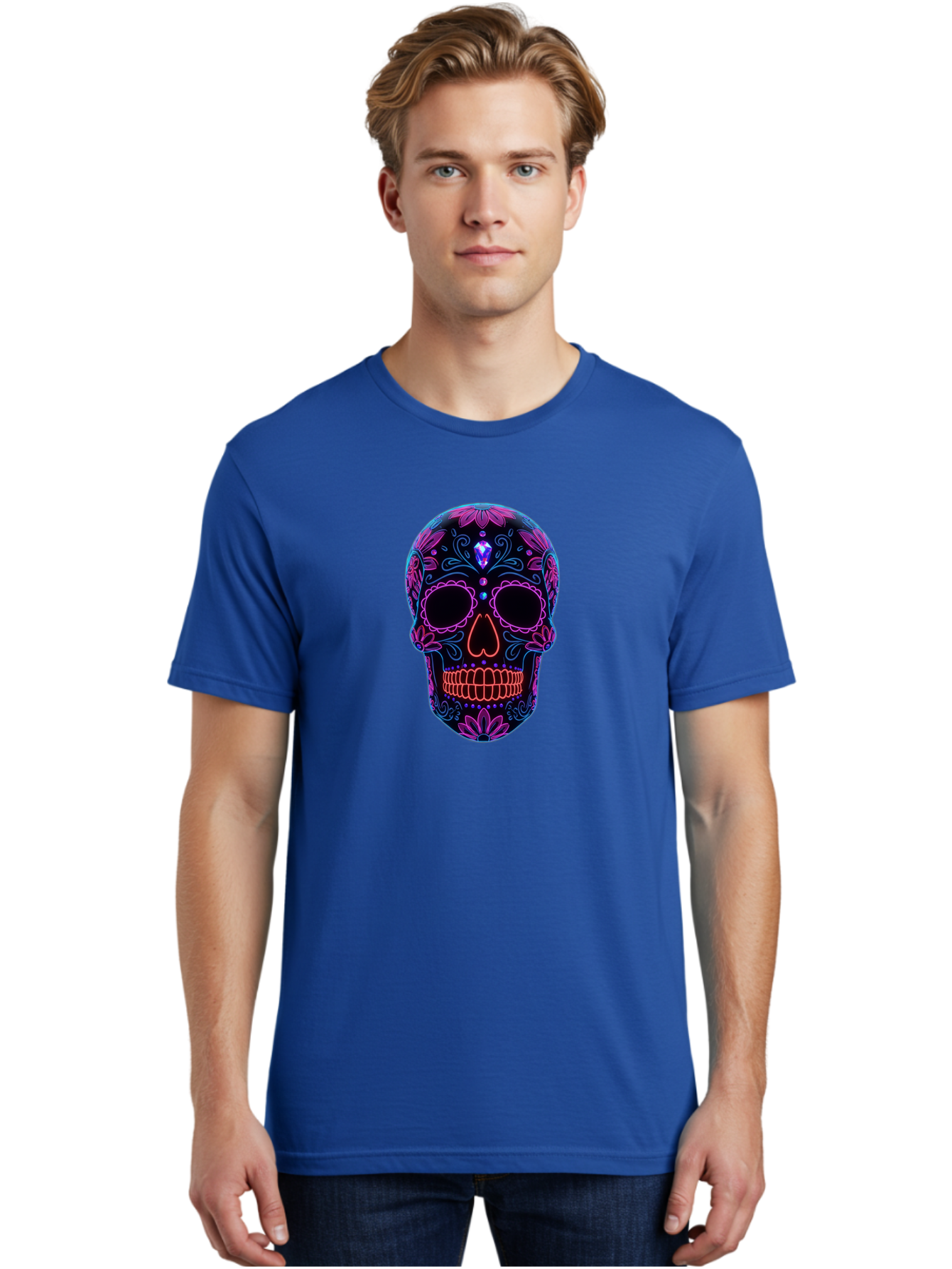 Sugar-Skull-16 Men'S Graphic Tee, 100% Cotton, Comfortable Casual Summer Wear, Machine Washable, Sugar Skull Design, Day Of The Dead, Neon Lights, Floral Patterns, Vibrant Colors, Mexican Culture, Gothic Style, Gemstone Decoration, Bad765
