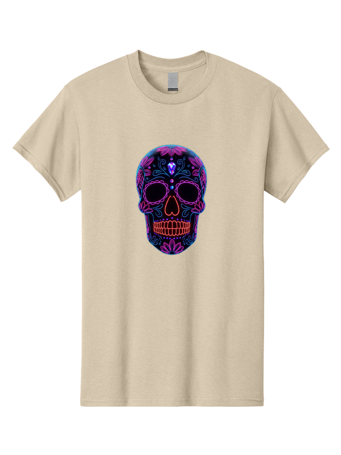 Sugar-Skull-16 Men'S Graphic Tee, 100% Cotton, Comfortable Casual Summer Wear, Machine Washable, Sugar Skull Design, Day Of The Dead, Neon Lights, Floral Patterns, Vibrant Colors, Mexican Culture, Gothic Style, Gemstone Decoration, Bad765