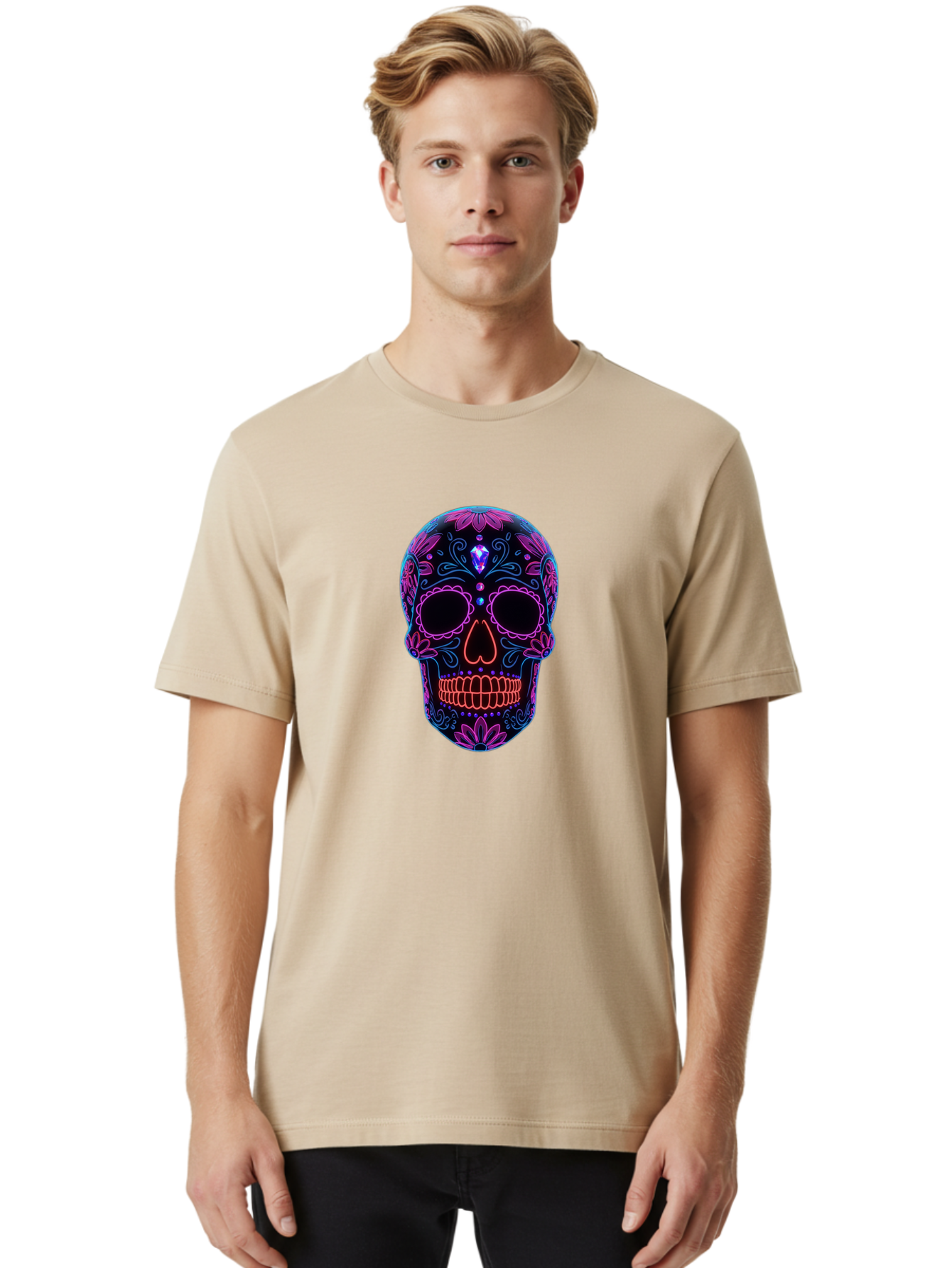 Sugar-Skull-16 Men'S Graphic Tee, 100% Cotton, Comfortable Casual Summer Wear, Machine Washable, Sugar Skull Design, Day Of The Dead, Neon Lights, Floral Patterns, Vibrant Colors, Mexican Culture, Gothic Style, Gemstone Decoration, Bad765