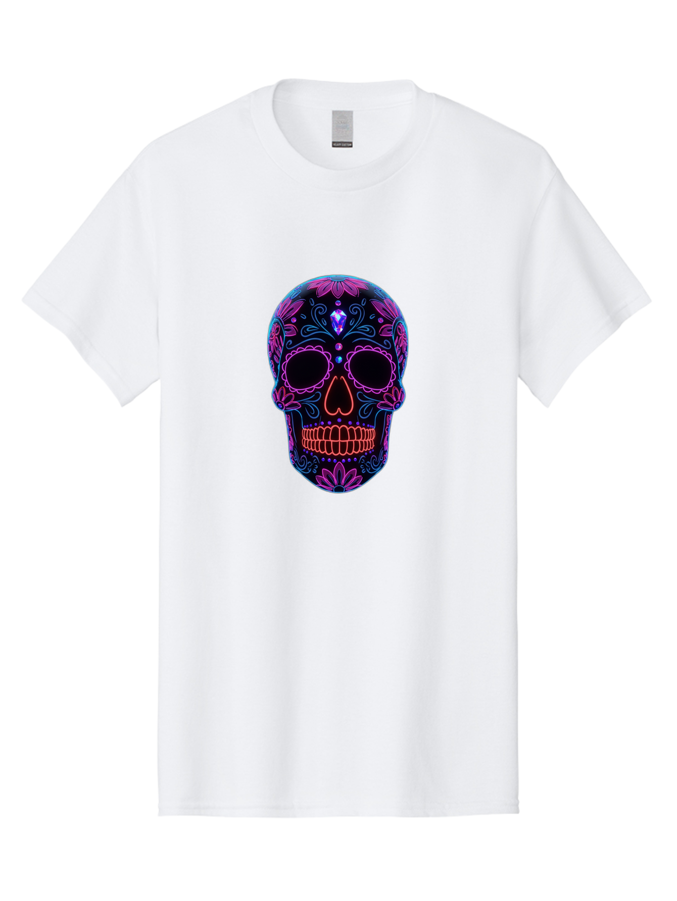 Sugar-Skull-16 Men'S Graphic Tee, 100% Cotton, Comfortable Casual Summer Wear, Machine Washable, Sugar Skull Design, Day Of The Dead, Neon Lights, Floral Patterns, Vibrant Colors, Mexican Culture, Gothic Style, Gemstone Decoration, Bad765