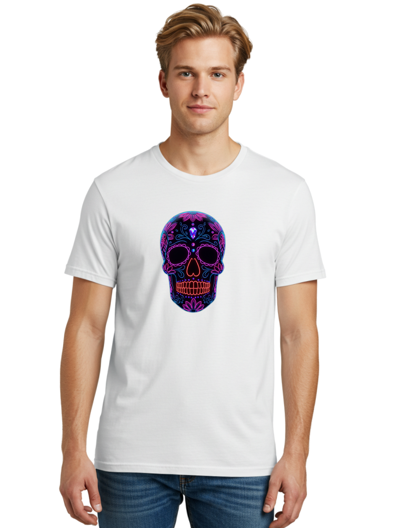 Sugar-Skull-16 Men'S Graphic Tee, 100% Cotton, Comfortable Casual Summer Wear, Machine Washable, Sugar Skull Design, Day Of The Dead, Neon Lights, Floral Patterns, Vibrant Colors, Mexican Culture, Gothic Style, Gemstone Decoration, Bad765