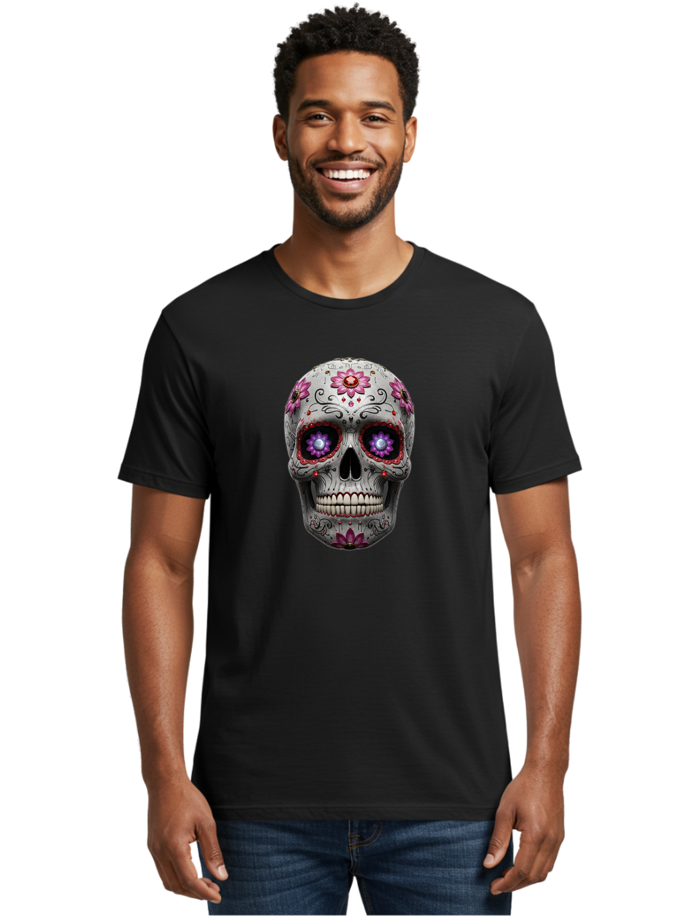 Sugar-Skull-17 Men'S Graphic Tee, 100% Cotton, Comfortable Casual Summer Wear, Machine Washable, Sugar Skull, Day Of The Dead, Skull Art, Floral Designs, Vibrant Colors, Intricate Patterns, Gothic Style, Mystical Symbols, Jewelry Designs, Bad766