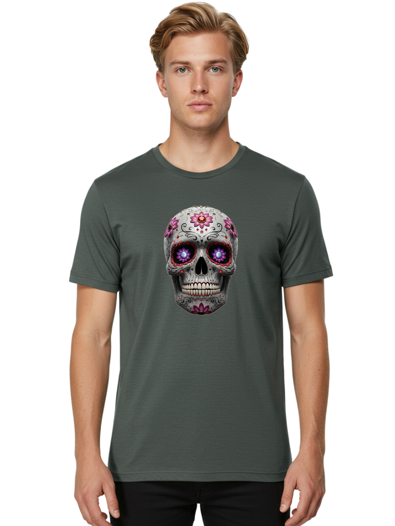 Sugar-Skull-17 Men'S Graphic Tee, 100% Cotton, Comfortable Casual Summer Wear, Machine Washable, Sugar Skull, Day Of The Dead, Skull Art, Floral Designs, Vibrant Colors, Intricate Patterns, Gothic Style, Mystical Symbols, Jewelry Designs, Bad766